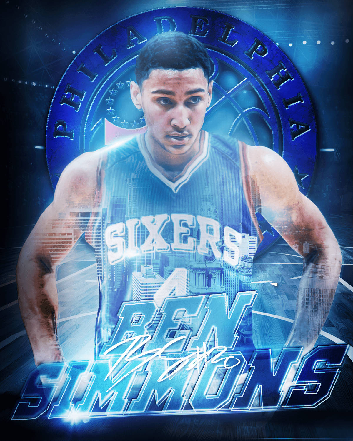 Ben Simmons 桌布 壁紙 — 費城76人隊球衣的籃球運動員班·西蒙斯的數位渲染肖像，帶有發光藍色效果和城市景觀疊加。
