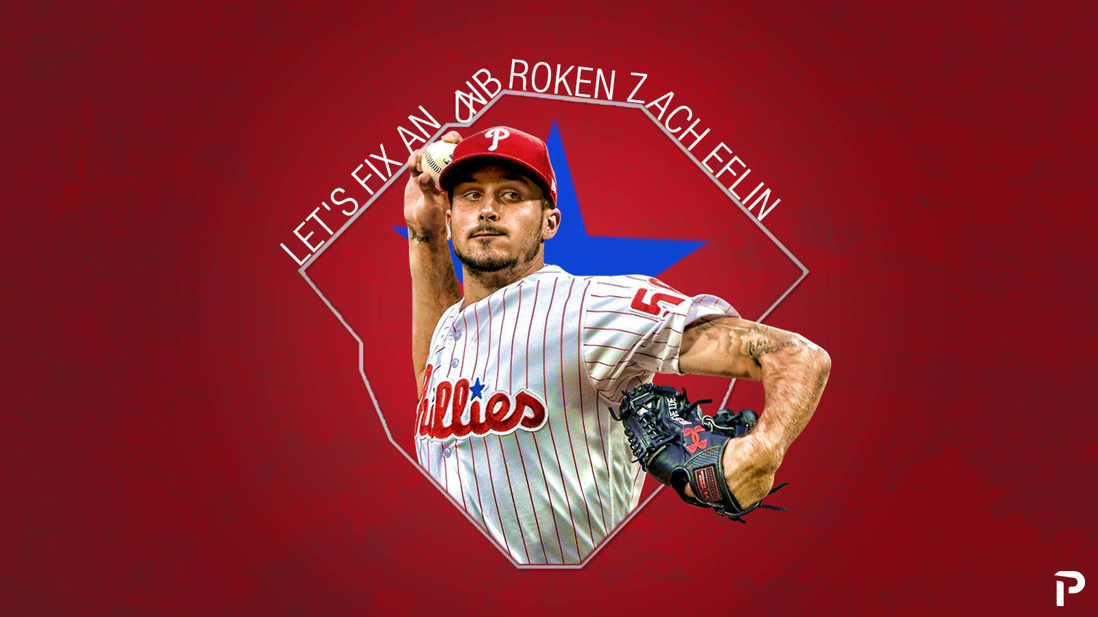 運動 桌布 壁紙 — 費城人隊投手 Zach Eflin 身穿球衣，在鮮紅色背景及球隊品牌標誌襯托下，做出投球動作。