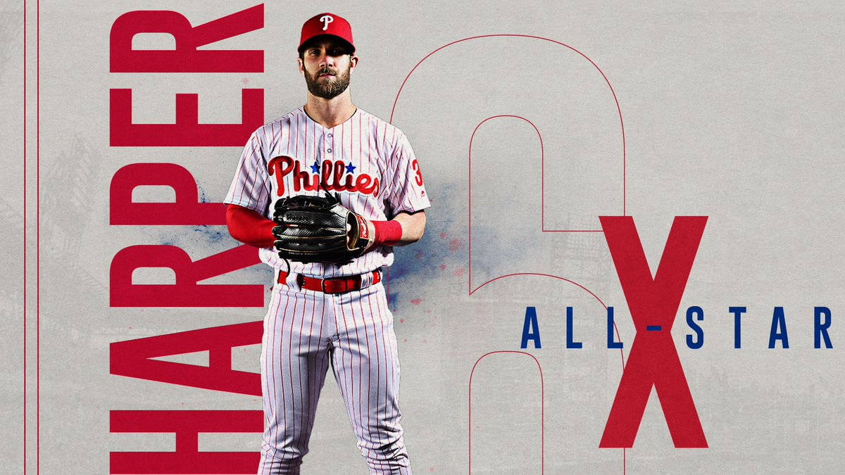 harper 桌布 壁紙 — 費城人隊球衣的棒球選手 Bryce Harper 自信地拿著手套，背景是風格化的全明星圖形。