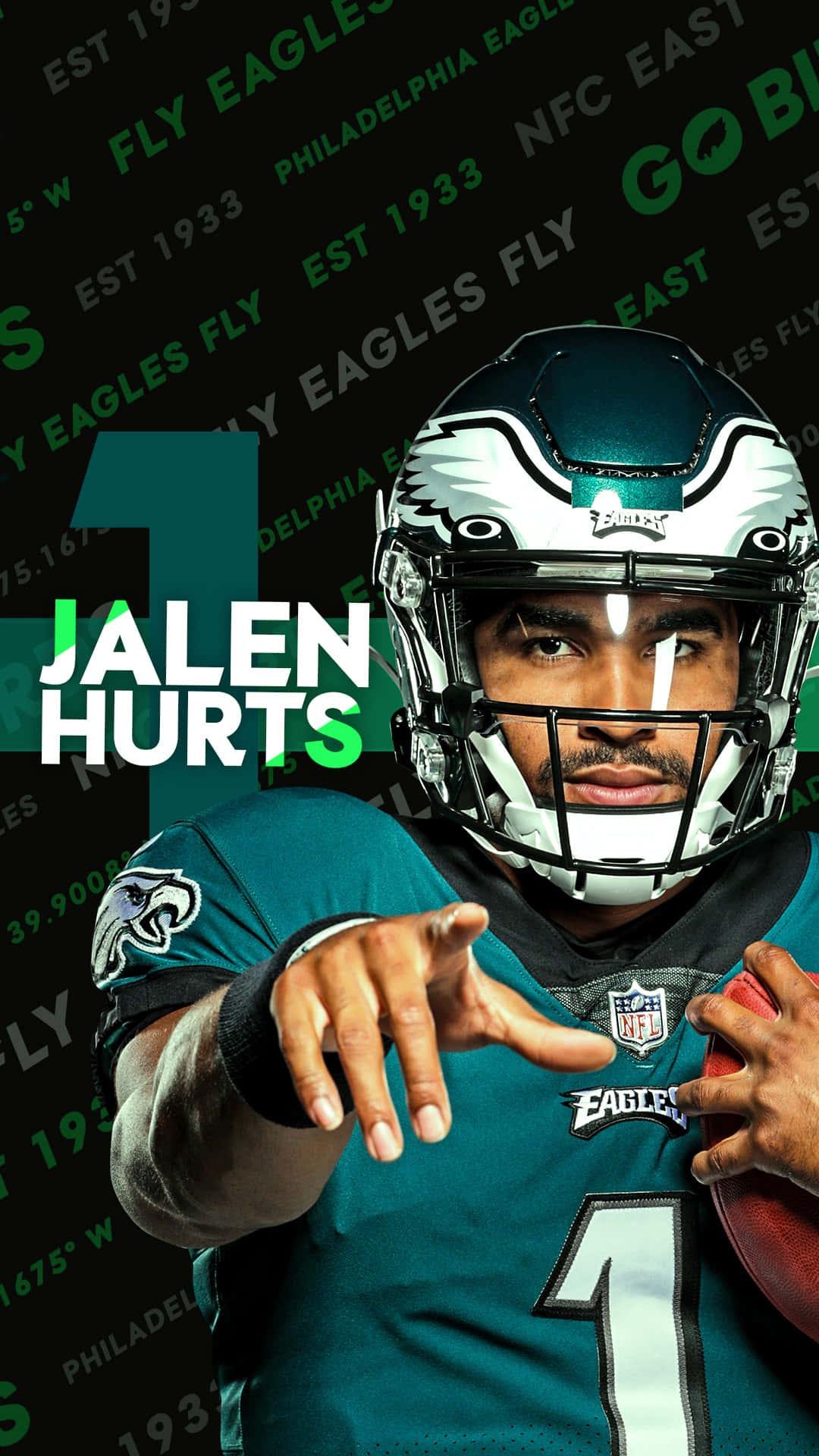 身穿老鷹隊球衣的足球運動員Jalen Hurts指向前方