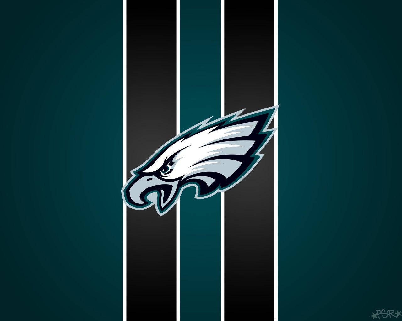 Eagles 桌布 壁紙 — 費城老鷹隊標誌居中於深藍綠色和黑色垂直條紋上，帶有白色點綴。