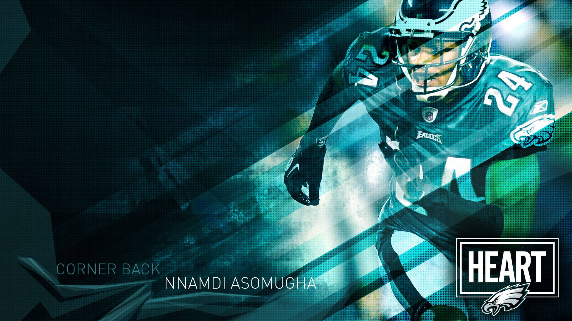 費城老鷹 桌布 壁紙 — 費城老鷹隊球衣的NFL角衛Nnamdi Asomugha在風格化的青綠色和黑色抽象背景中衝刺的動態數位藝術肖像。