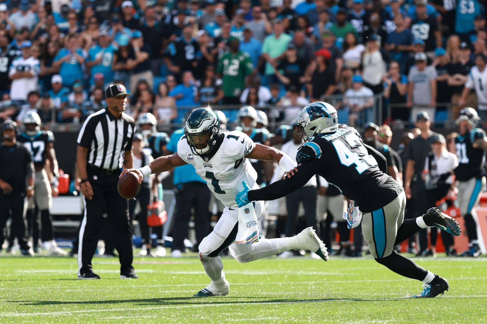 NFL四分衛在日間比賽中躲避防守球員，背景有觀眾。 — 費城老鷹 壁紙