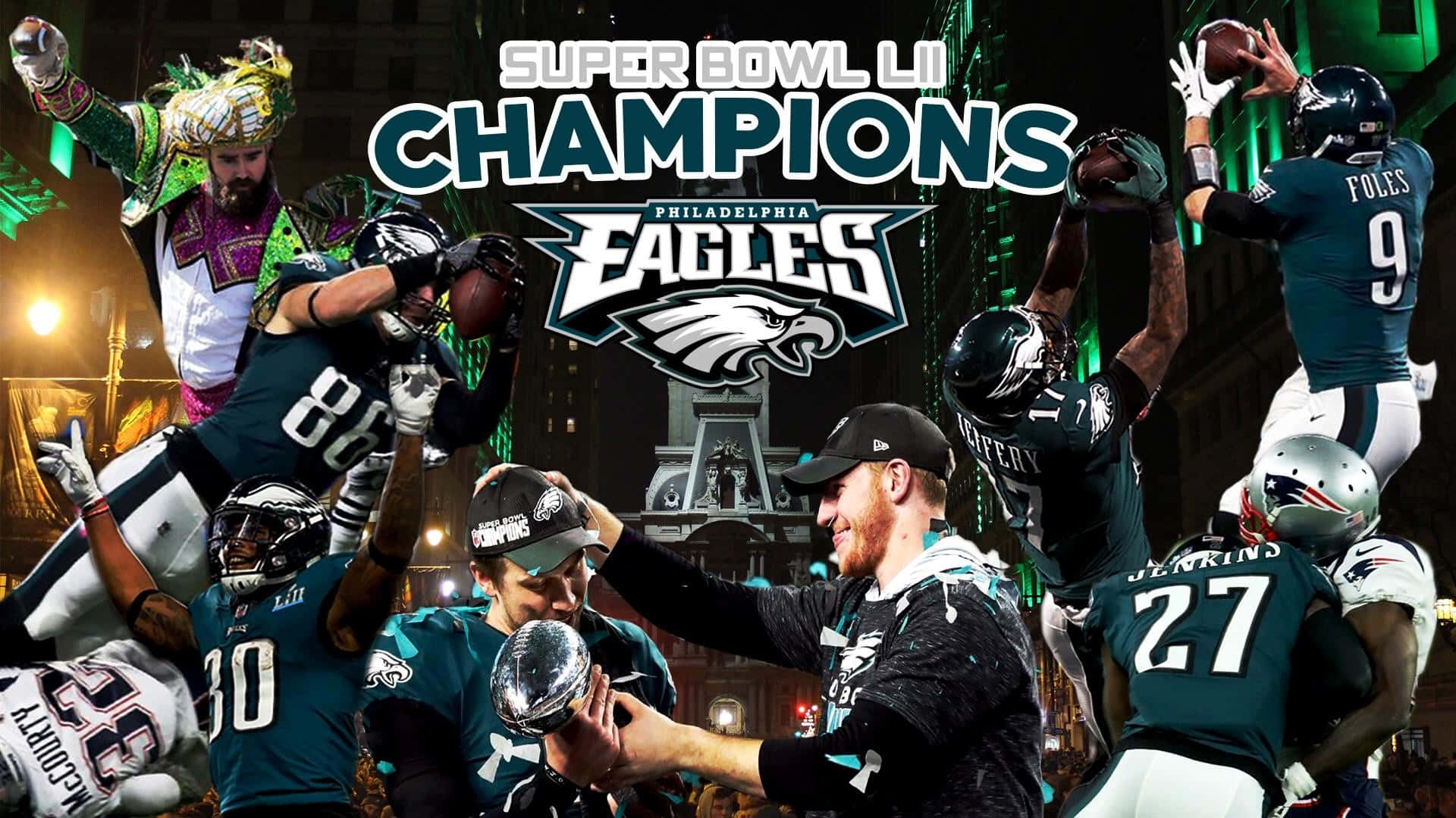 Super Bowl 桌布 壁紙 — 費城老鷹隊美式足球員在明亮的體育場燈光下，用獎盃和五彩紙屑慶祝超級碗LII勝利。