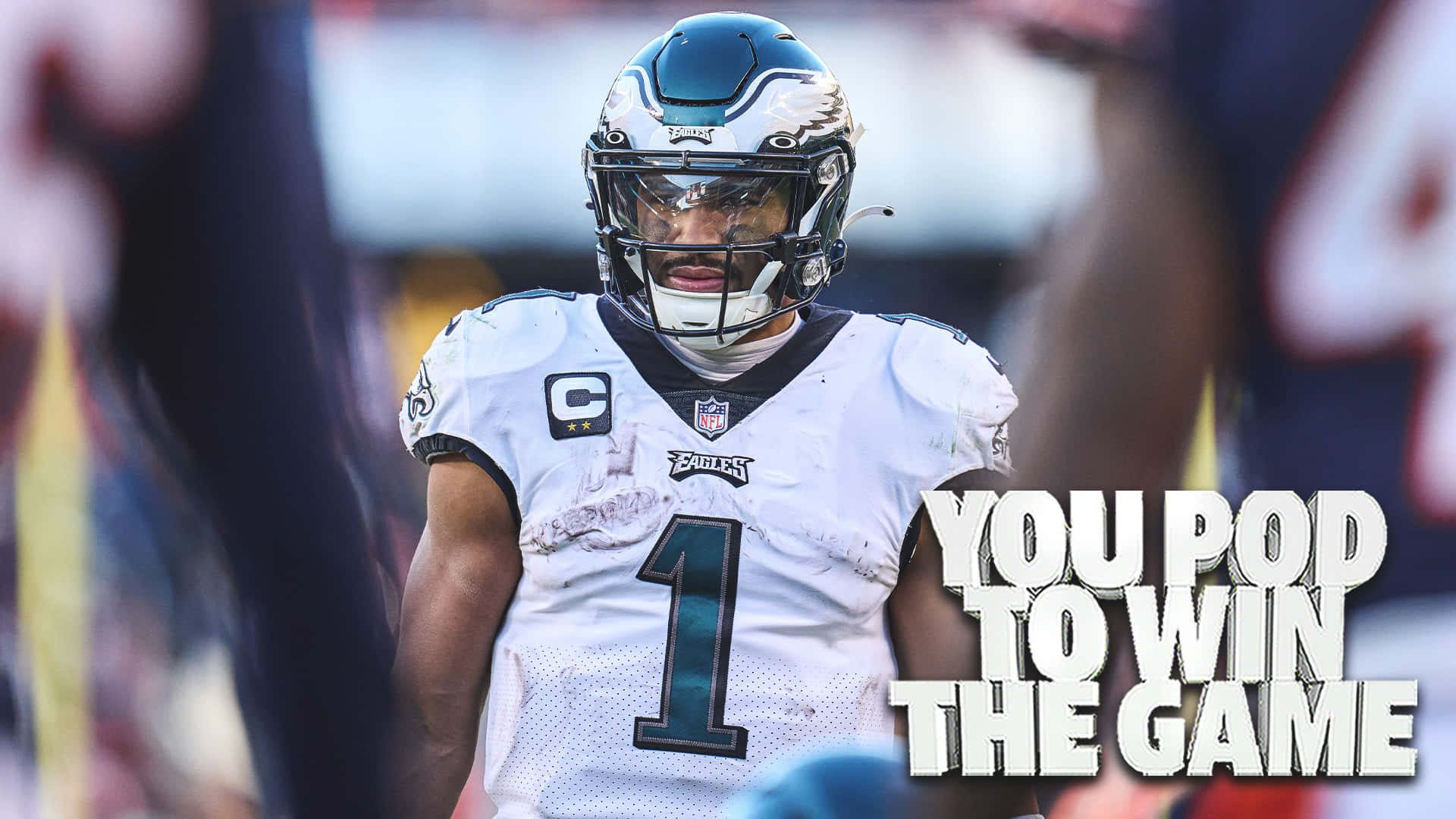 Eagles Football 桌布 壁紙 — 費城老鷹隊美式足球員的近距離特寫，身穿一號球衣，比賽中表情堅定。