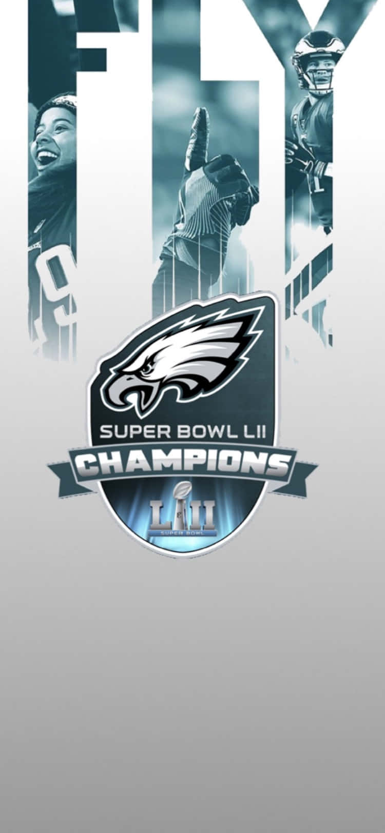 Eagles Football 桌布 壁紙 — 費城老鷹隊超級碗LII冠軍標誌，球員在單色垂直條紋中慶祝。
