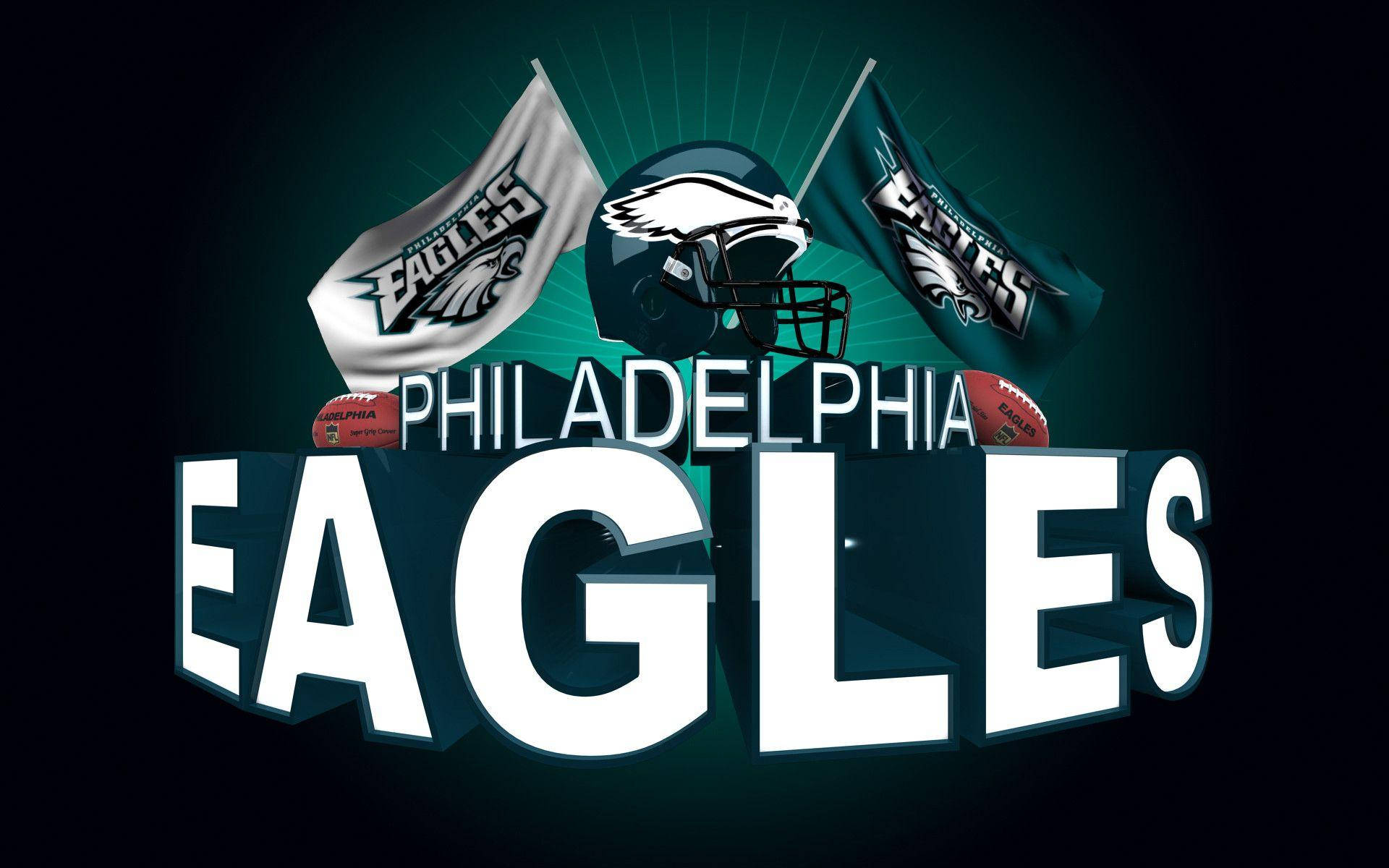 Eagles 桌布 壁紙 — 費城老鷹隊足球隊標誌，帶有頭盔旗幟和粗體文字，背景為深青色。