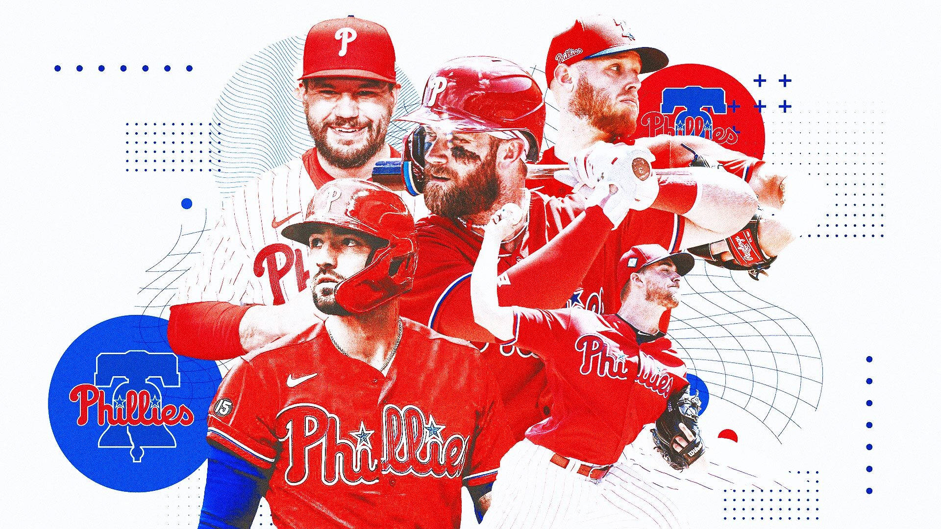 Phillies 桌布 壁紙 — 費城費城人棒球運動員身穿紅色制服，手持球棒和頭盔，在帶有藍色幾何圖案的白色背景上動態擺姿勢的拼貼畫。