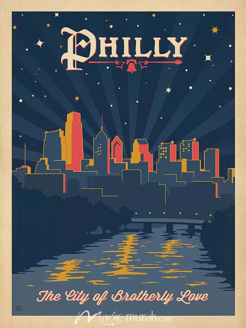 Philly 桌布 壁紙 — 費城風格夜景，星空下建築物在水中的閃爍倒影，並帶有「Philly」文字。