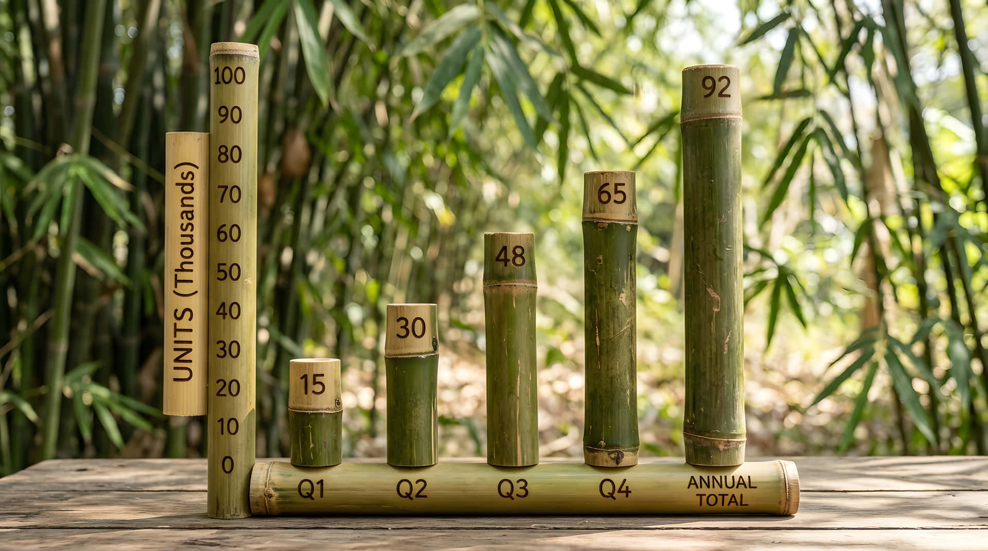 Bamboo sticks form a quarterly sales chart 壁紙 — 貼有季度銷售數據標籤的竹莖立在木桌上，背景是茂密的綠色竹林。