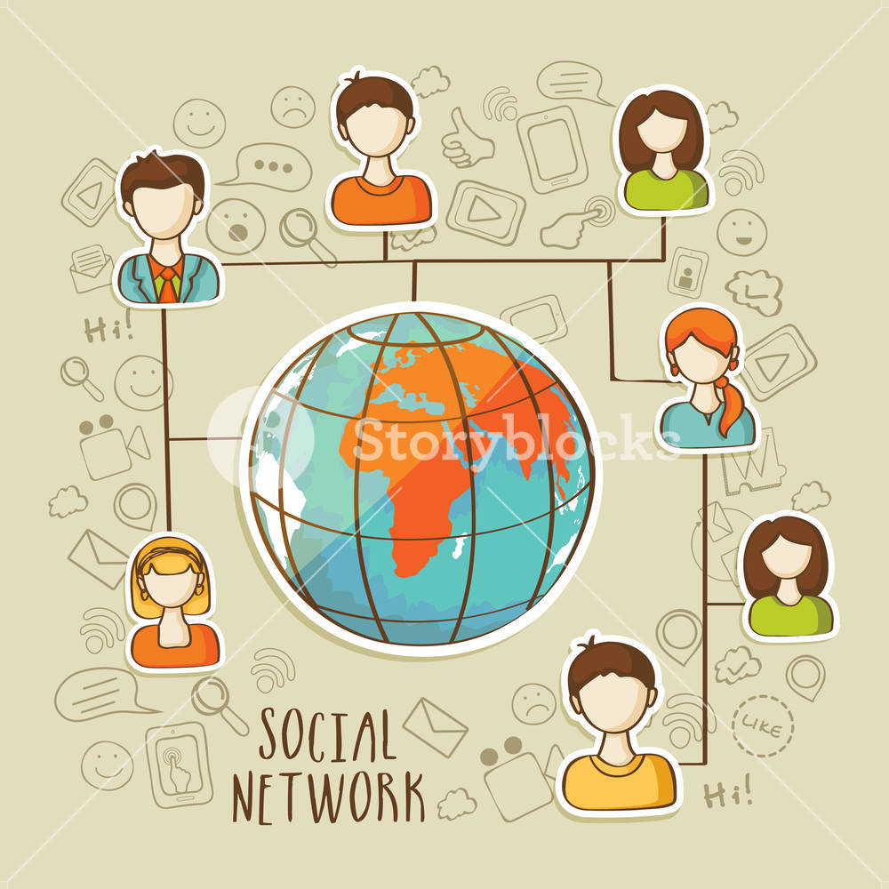 Internet 桌布 壁紙 — 貼紙風格卡通人物圍繞地球連接，社交媒體圖標說明全球在線網絡。
