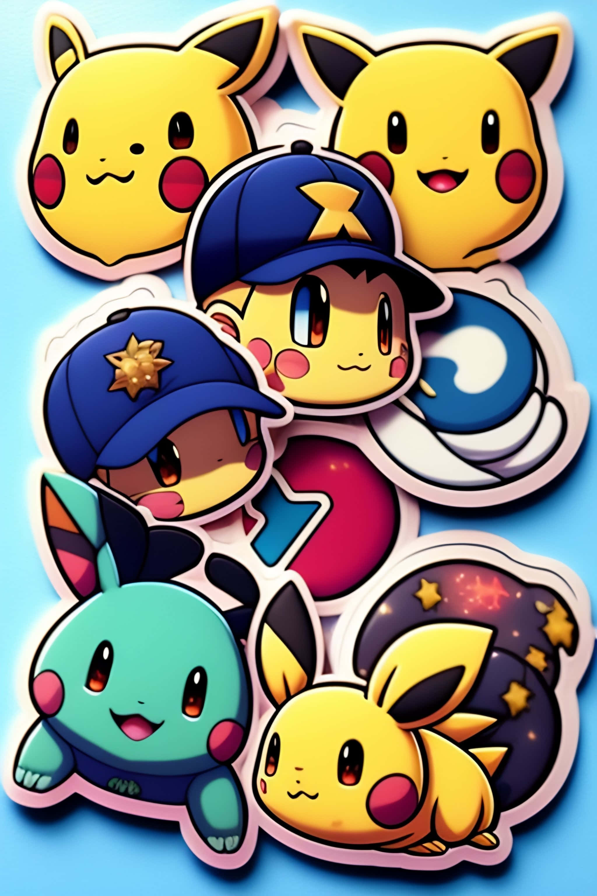 Pokemon Stickers 桌布 壁紙 — 貼紙風格的卡通寶可夢角色，如皮卡丘和伊布，在淺藍色背景上微笑。