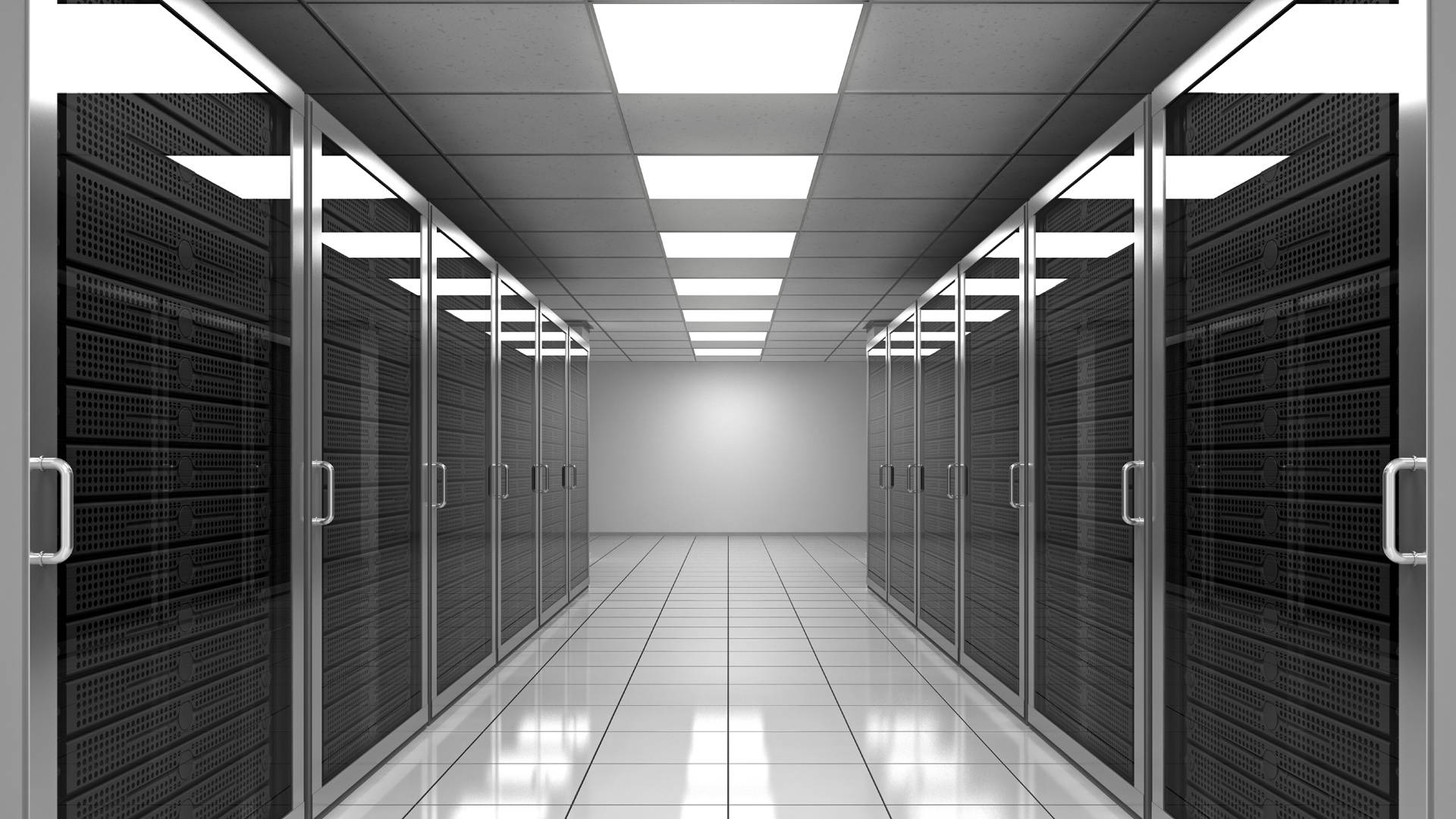 data 桌布 壁紙 — 資料中心內一條長長的無菌走廊，黑色伺服器機架在明亮的螢光燈下對稱排列。