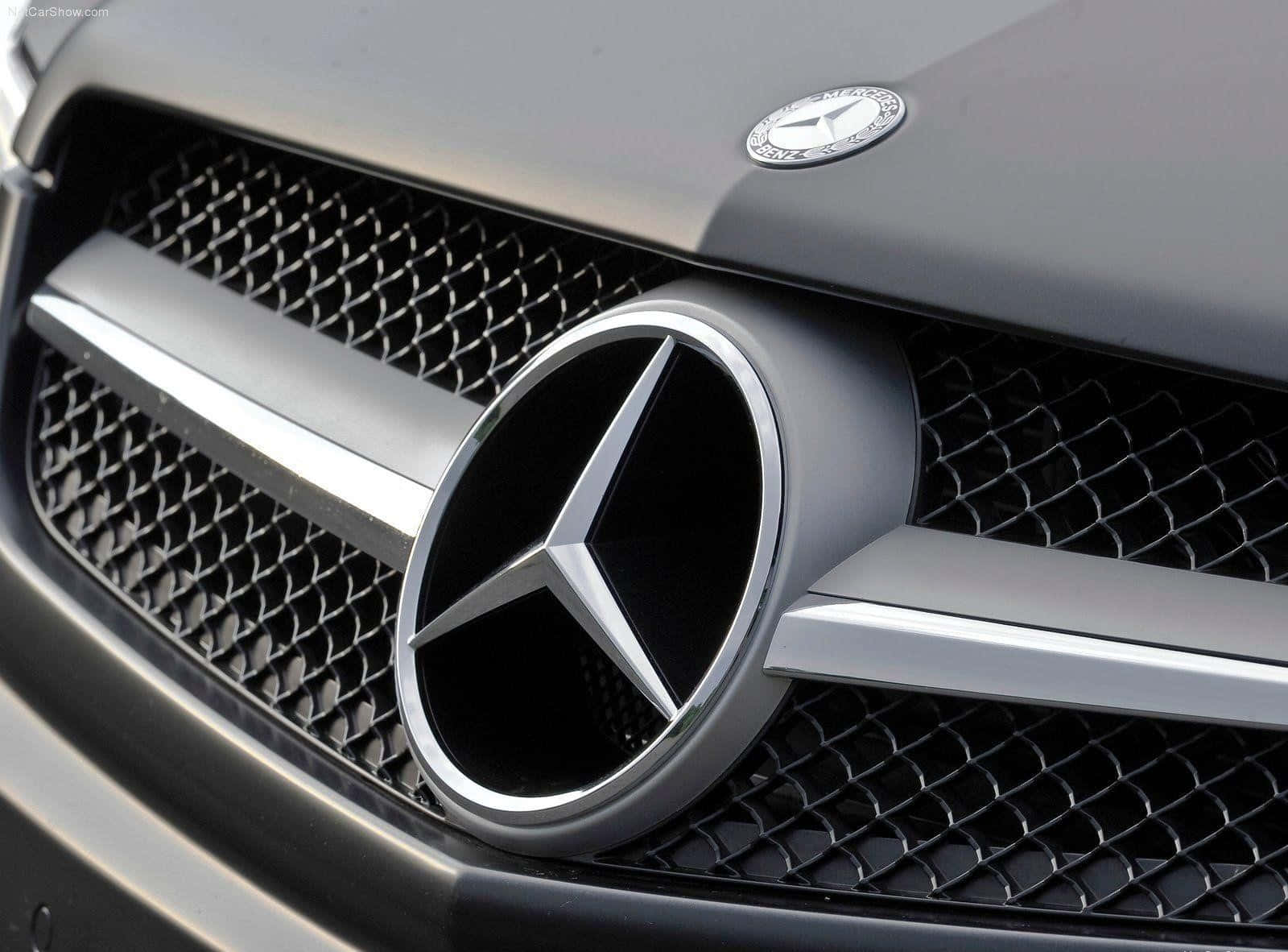 Mercedes Benz Logo 桌布 壁紙 — 賓士水箱護罩特寫，帶有鍍鉻星形徽章和網格圖案，在明亮日光下。