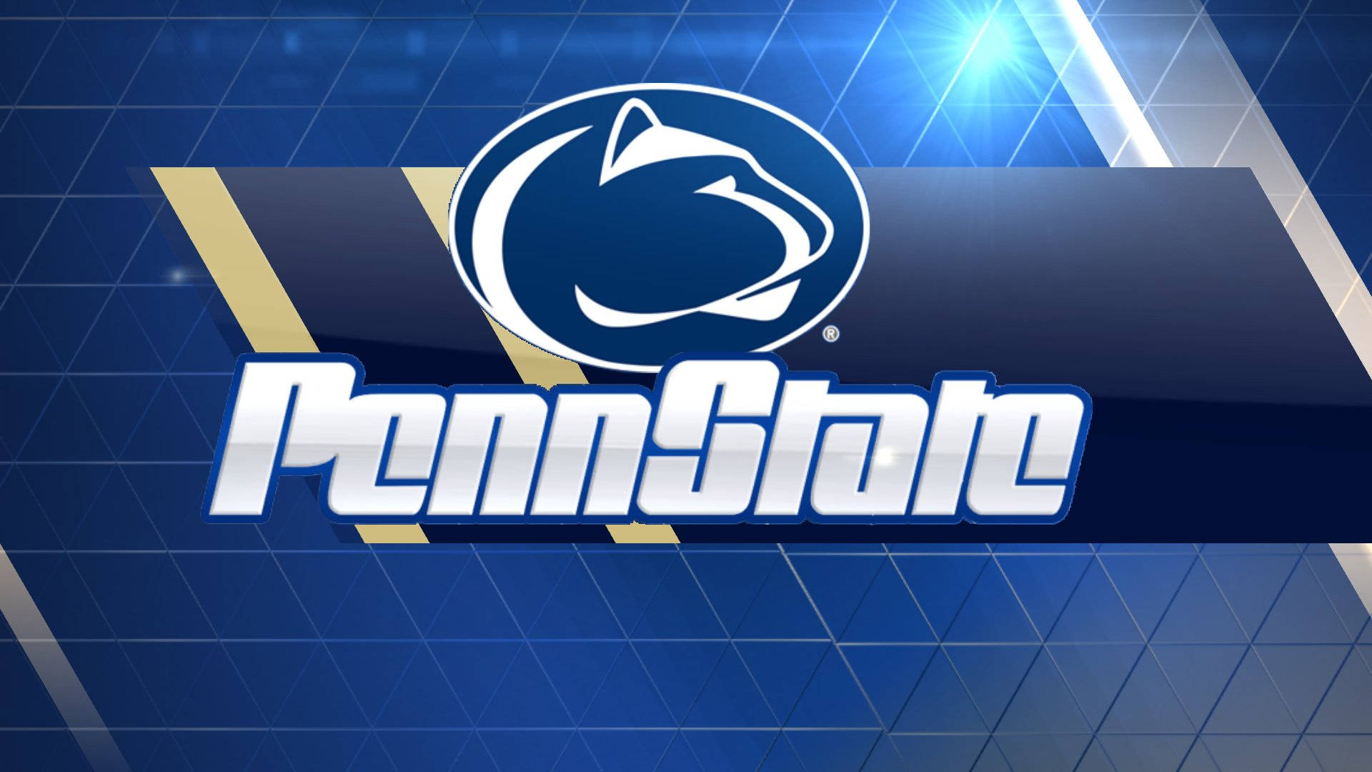 Penn State 桌布 壁紙 — 賓夕法尼亞州立大學標誌，藍白相間的尼塔尼獅頭，置於動態藍色幾何背景上，帶有燈光效果。