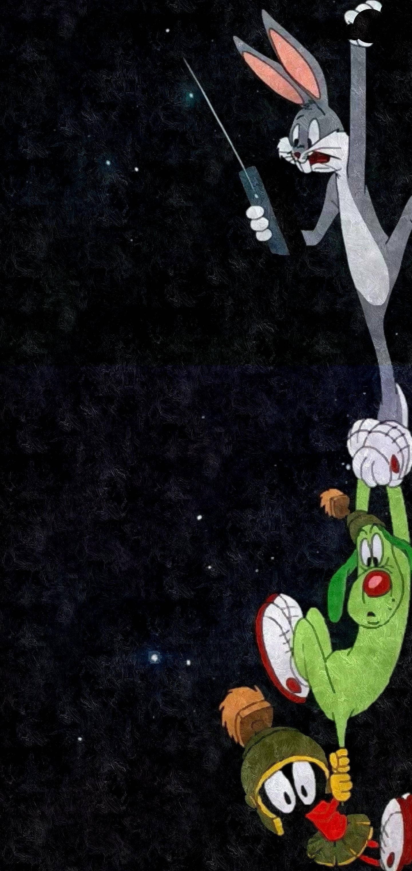 Cartoon 桌布 壁紙 — 賓尼兔和火星人馬文在星空背景下倒掛在太空中，手持雷射槍和紅色按鈕。