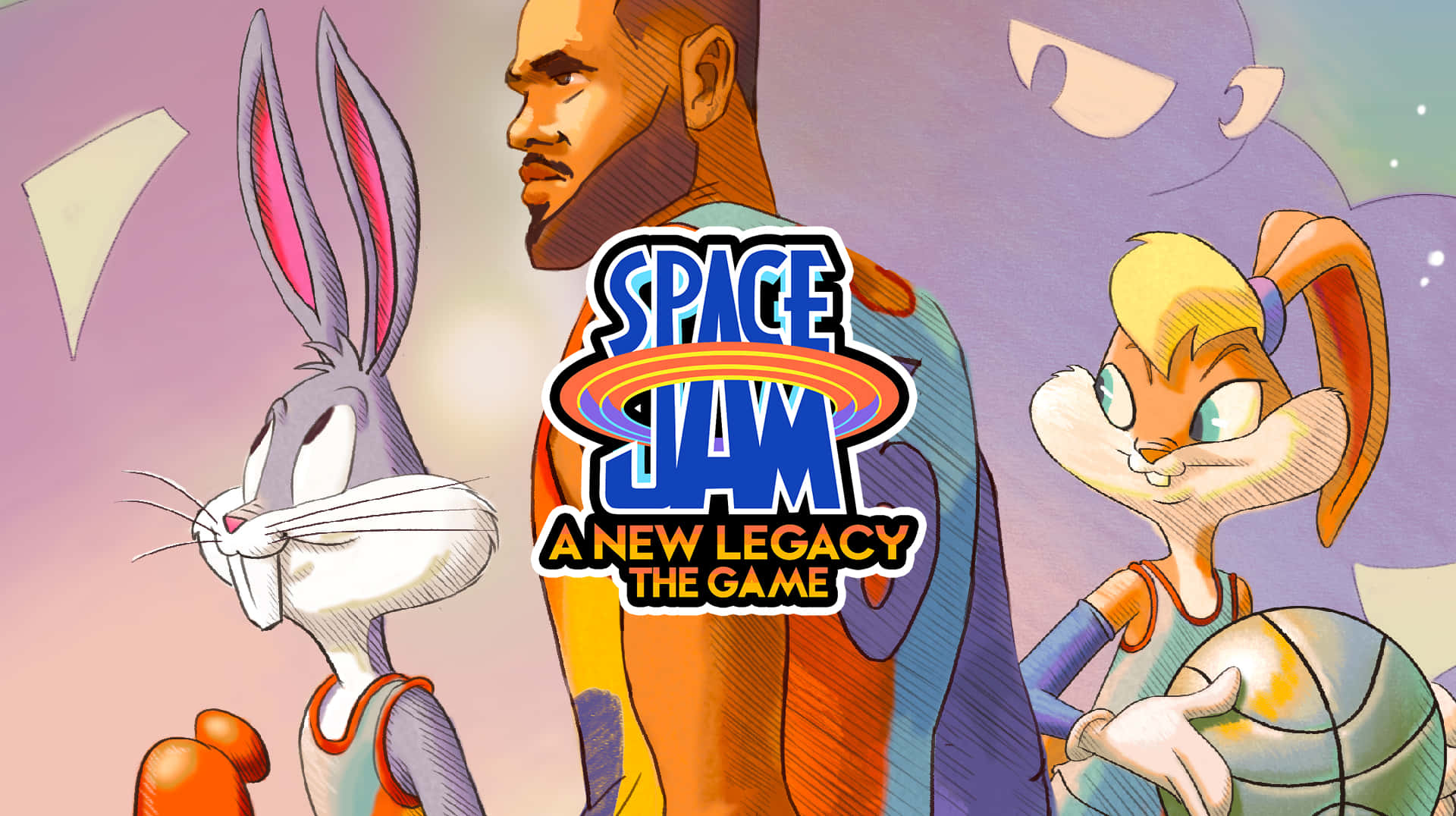 Space Jam A New Legacy 桌布 壁紙 — 賓尼兔和蘿拉兔穿著籃球球衣，在帶有太空也入樽標誌的宇宙紫色背景前，站在勒邦占士旁邊。