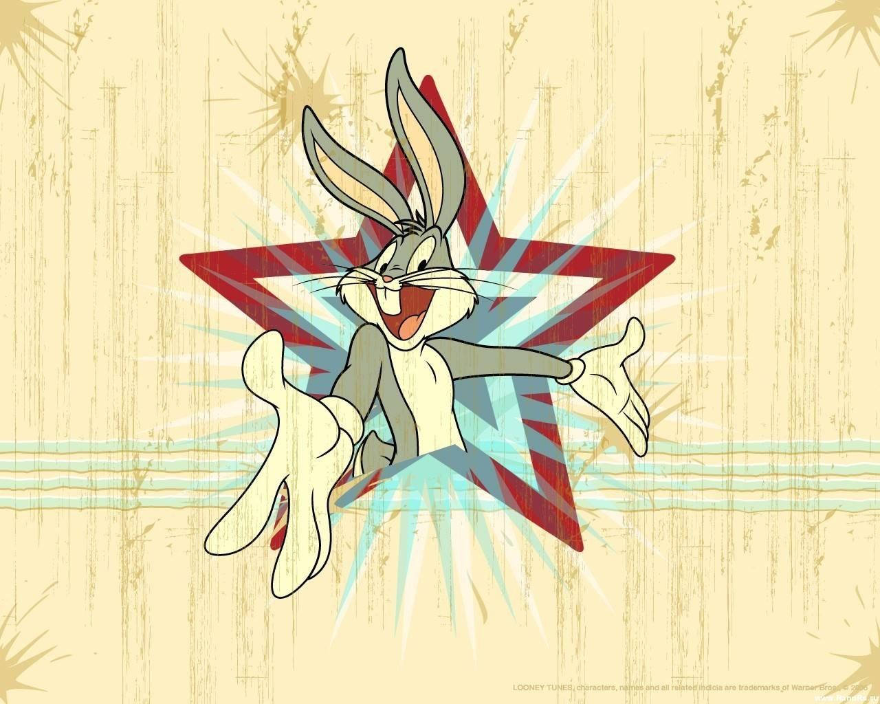 bugs 桌布 壁紙 — 賓尼兔在一個帶有放射光線的紅色星星內得意地咧嘴笑，背景是帶紋理的米色。