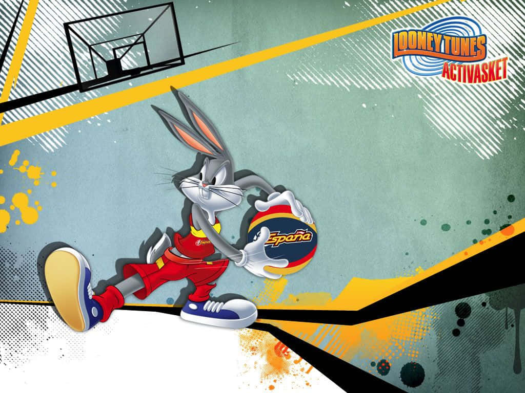 Looney Tunes 桌布 壁紙 — 賓尼兔在一個風格化的球場背景下，以動感卡通姿態運球，背景有醒目的黃色和藍綠色潑濺效果。