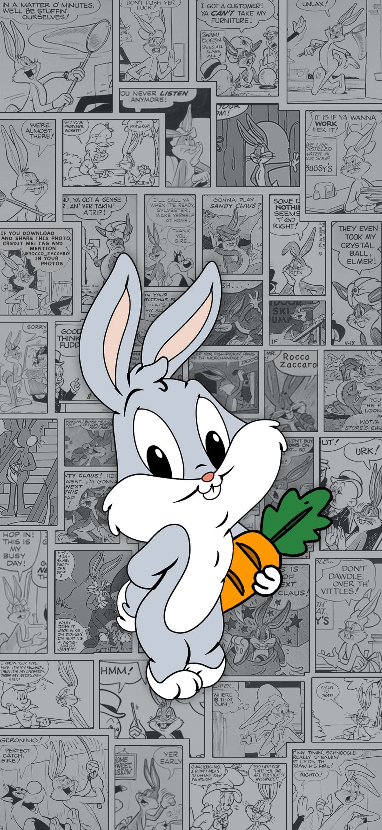 Bugs Bunny iPhone 桌布 壁紙 — 賓尼兔在充滿經典笑話的灰色漫畫背景前拿著一根胡蘿蔔。