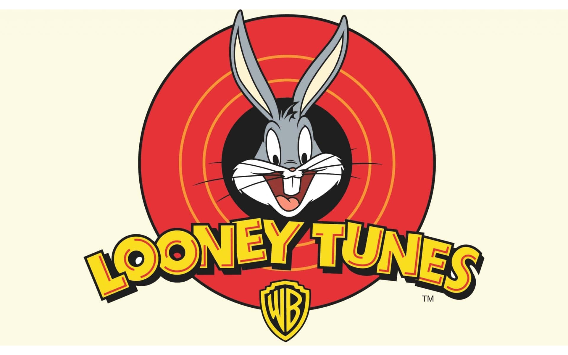 兔巴哥 桌布 壁紙 — 賓尼兔在紅色靶心圓圈中頑皮地咧嘴笑，下方有「Looney Tunes」文字，背景為奶油色。