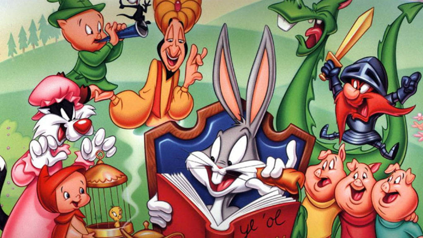 Yosemite Sam 桌布 壁紙 — 賓尼兔在色彩繽紛的卡通場景中看書，周圍是經典的樂一通角色。