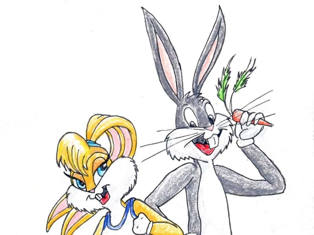 兔巴哥 桌布 壁紙 — 賓尼兔拿著胡蘿蔔咧嘴笑，蘿拉兔帶著頑皮的表情看著他。