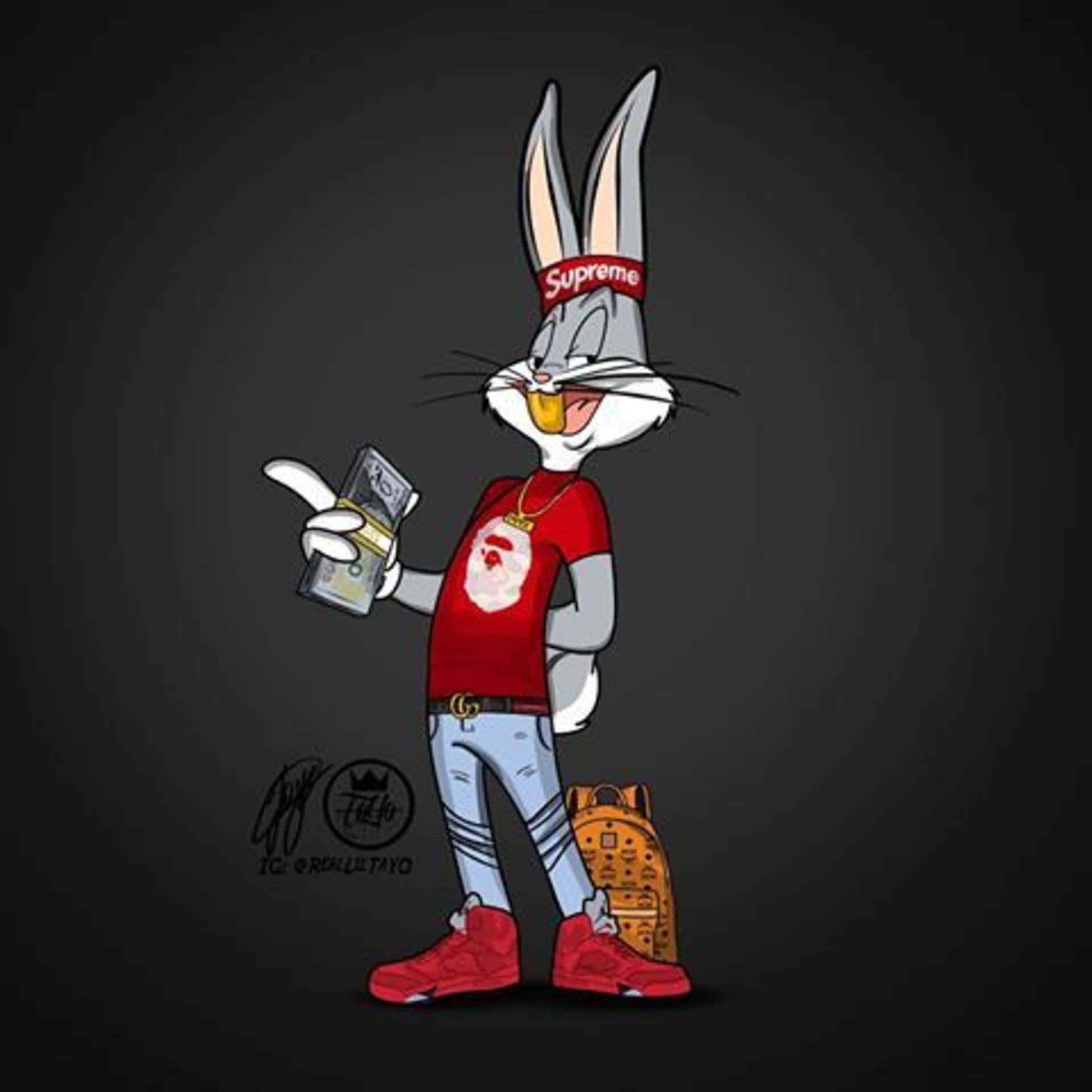 Bugs Bunny Supreme 桌布 壁紙 — 賓尼兔穿著奢華街頭服飾，手持現金，在深色背景前自信地擺姿勢。