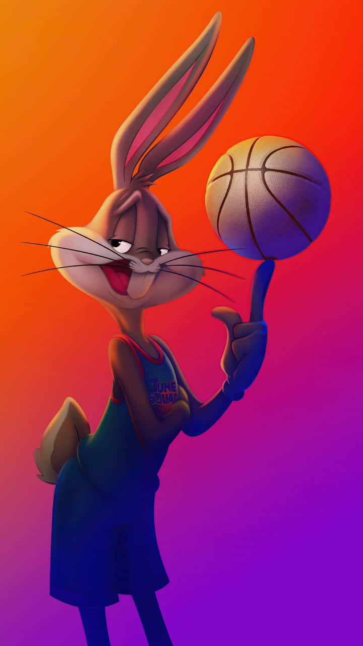 Bugs Bunny iPhone 桌布 壁紙 — 賓尼兔穿著籃球球衣，在充滿活力的橙色到紫色漸變背景上，用手指旋轉籃球。