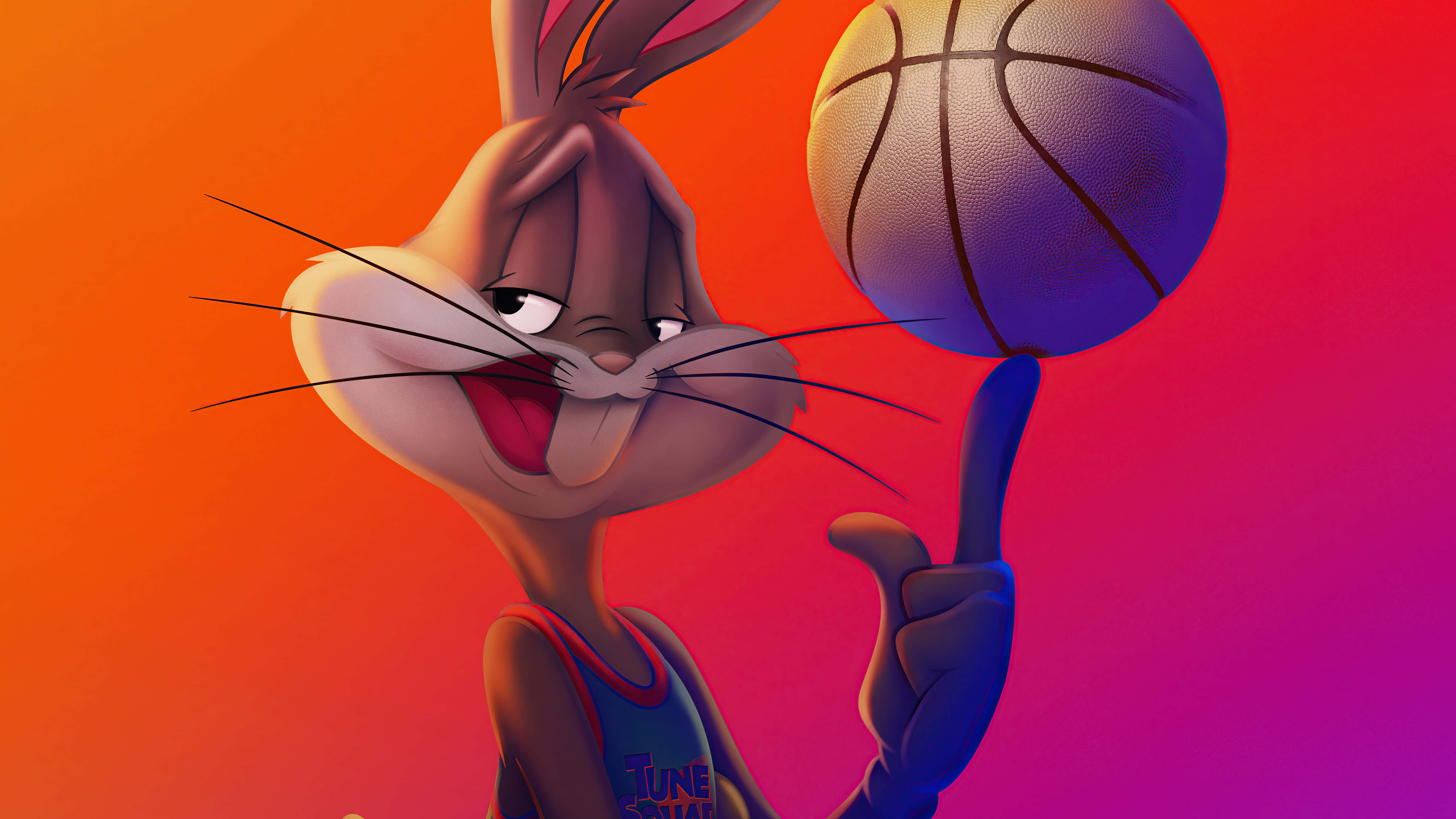 Space Jam A New Legacy 桌布 壁紙 — 賓尼兔穿著籃球球衣，在充滿活力的橙色到洋紅色漸變背景前，用手指平衡一個籃球。