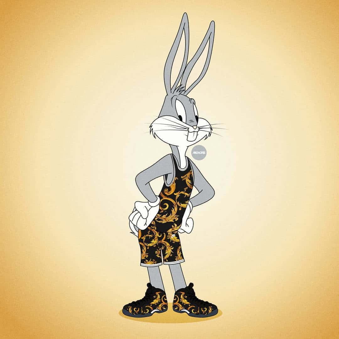Bugs Bunny Supreme 桌布 壁紙 — 賓尼兔自信地站在溫暖的米色背景前，穿著華麗的金色和黑色圖案短褲和鞋子。