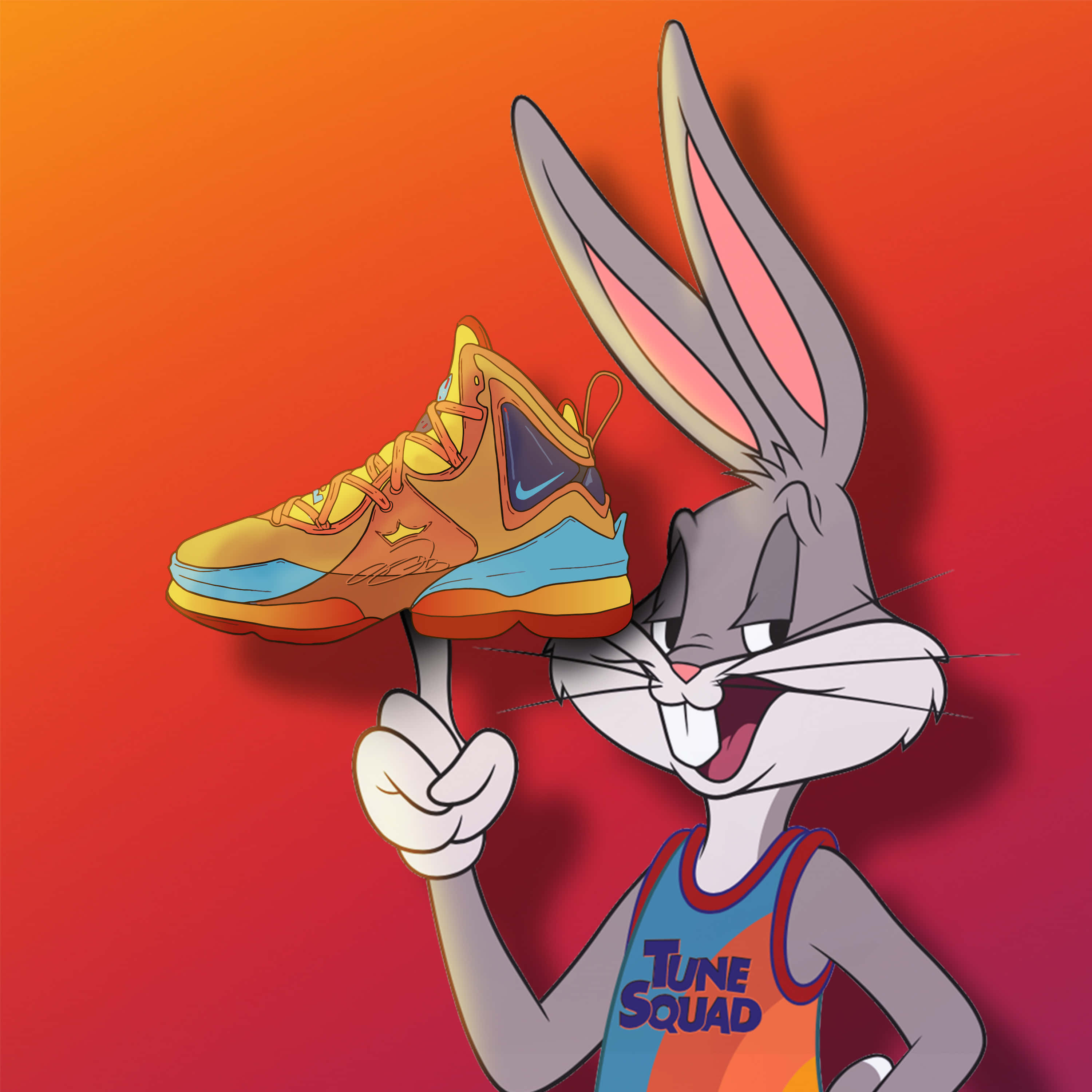Animated 桌布 壁紙 — 賓尼兔身穿Tune Squad球衣，在火熱的橙紅色漸變背景前自豪地舉起一隻金色運動鞋。