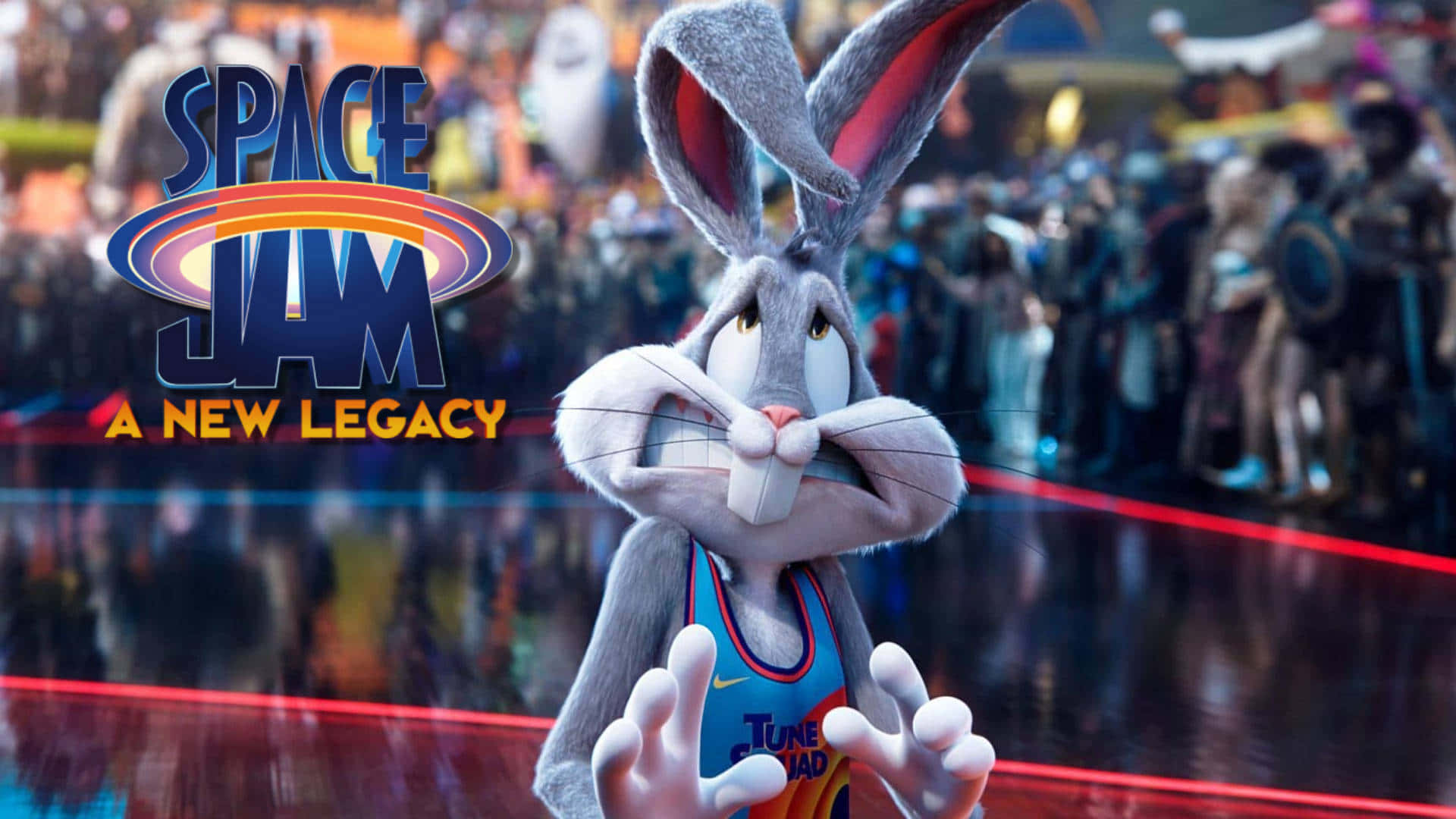 Animated 桌布 壁紙 — 賓尼兔身穿籃球球衣，在球場上專注地凝視，身後有『Space Jam A New Legacy』標誌。