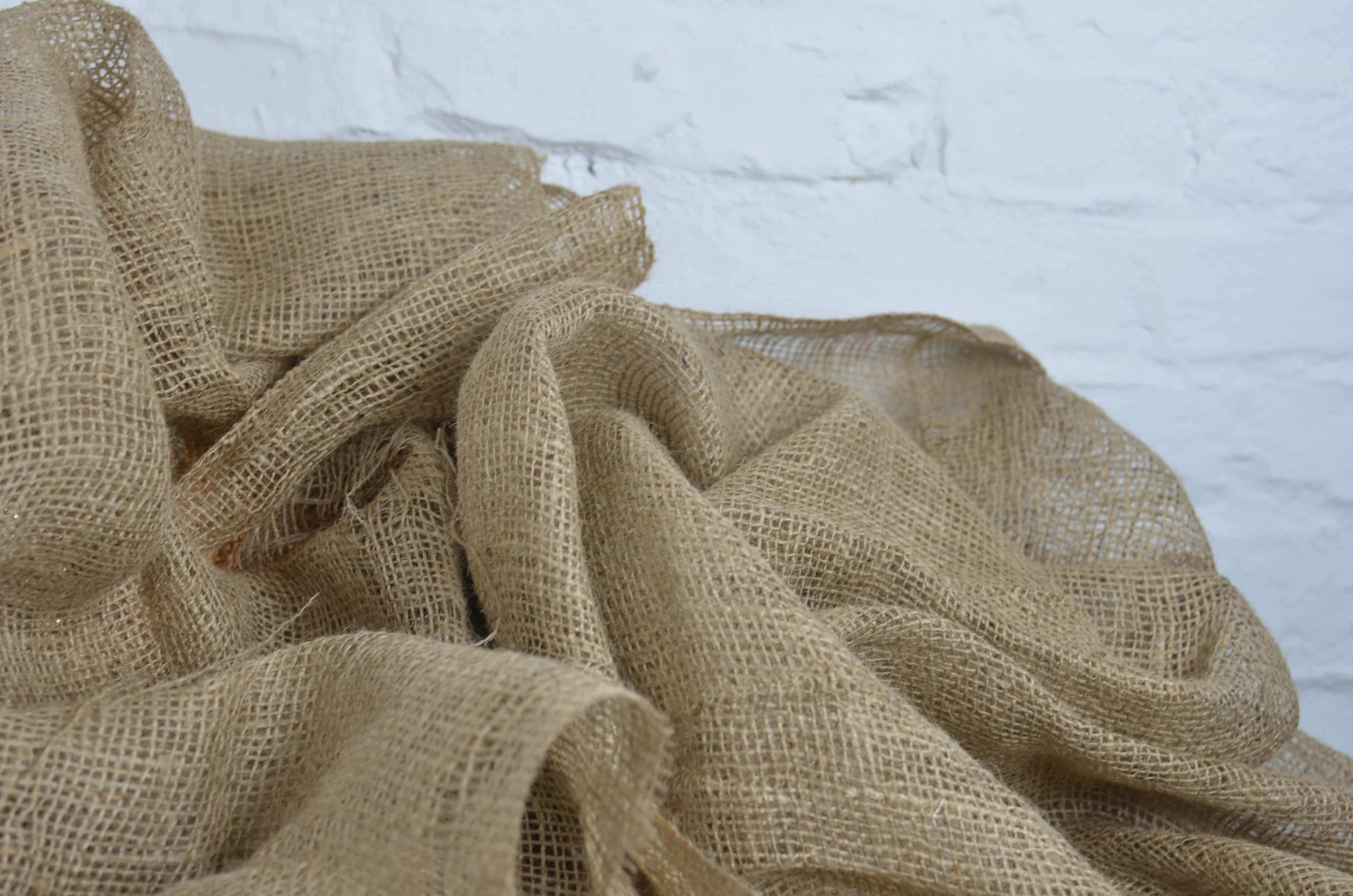 Burlap 桌布 壁紙 — 質感米色粗麻布在白色磚牆上垂墜的特寫，柔和自然光線。