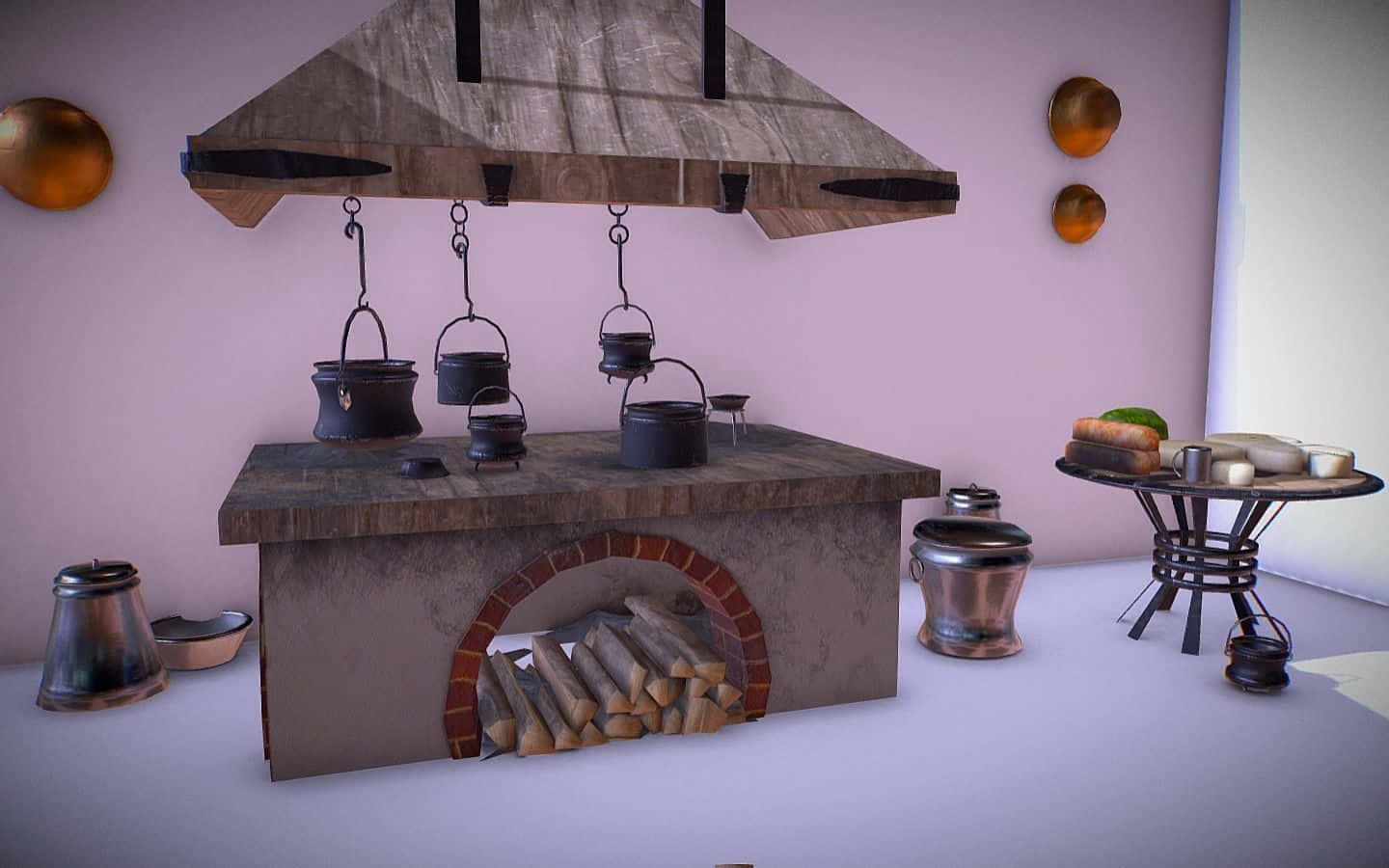 1440p Kitchen 桌布 壁紙 — 質樸的石頭廚房，木製抽油煙機下掛著鍋具，木柴爐上方掛著鍋具，下方堆疊著木柴。