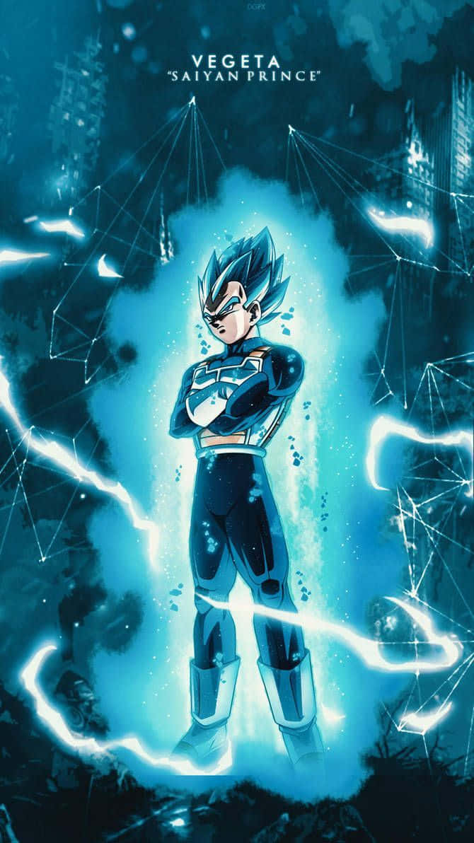Vegeta Art 桌布 壁紙 — 賽亞人王子達爾在發光的藍色光環中強勢站立，周圍環繞著電能和幾何光圖案。