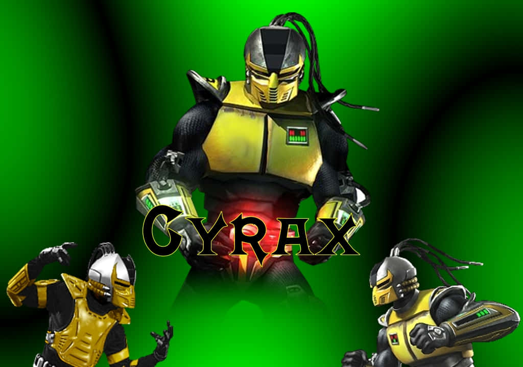 Mortal Kombat Cyrax 桌布 壁紙 — 賽博戰士Gyrax在黑暗背景下發出綠色光芒，威風凜凜地站立，兩側有兩個較小的自己。