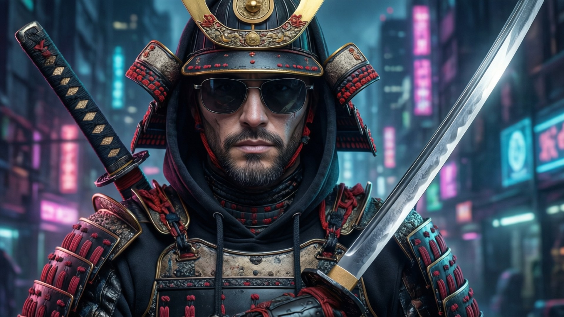 賽博武士 壁紙 — 一位身穿傳統盔甲和太陽眼鏡的武士戰士，站在霓虹燈閃爍的賽博龐克城市景觀中，手持武士刀。