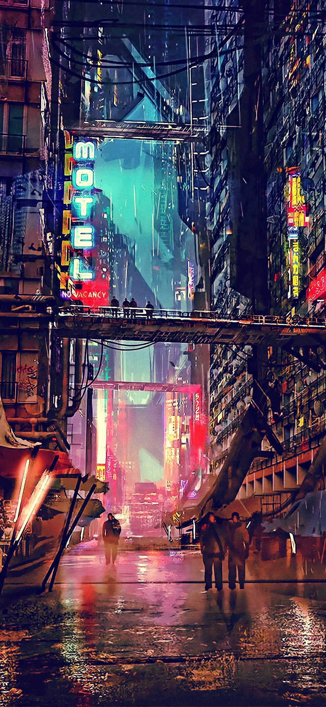 Rainy Day 桌布 壁紙 — 賽博龐克城市中一條被雨水浸濕、霓虹燈閃爍的小巷，高聳的建築物和發光的招牌倒映在濕漉漉的路面上。