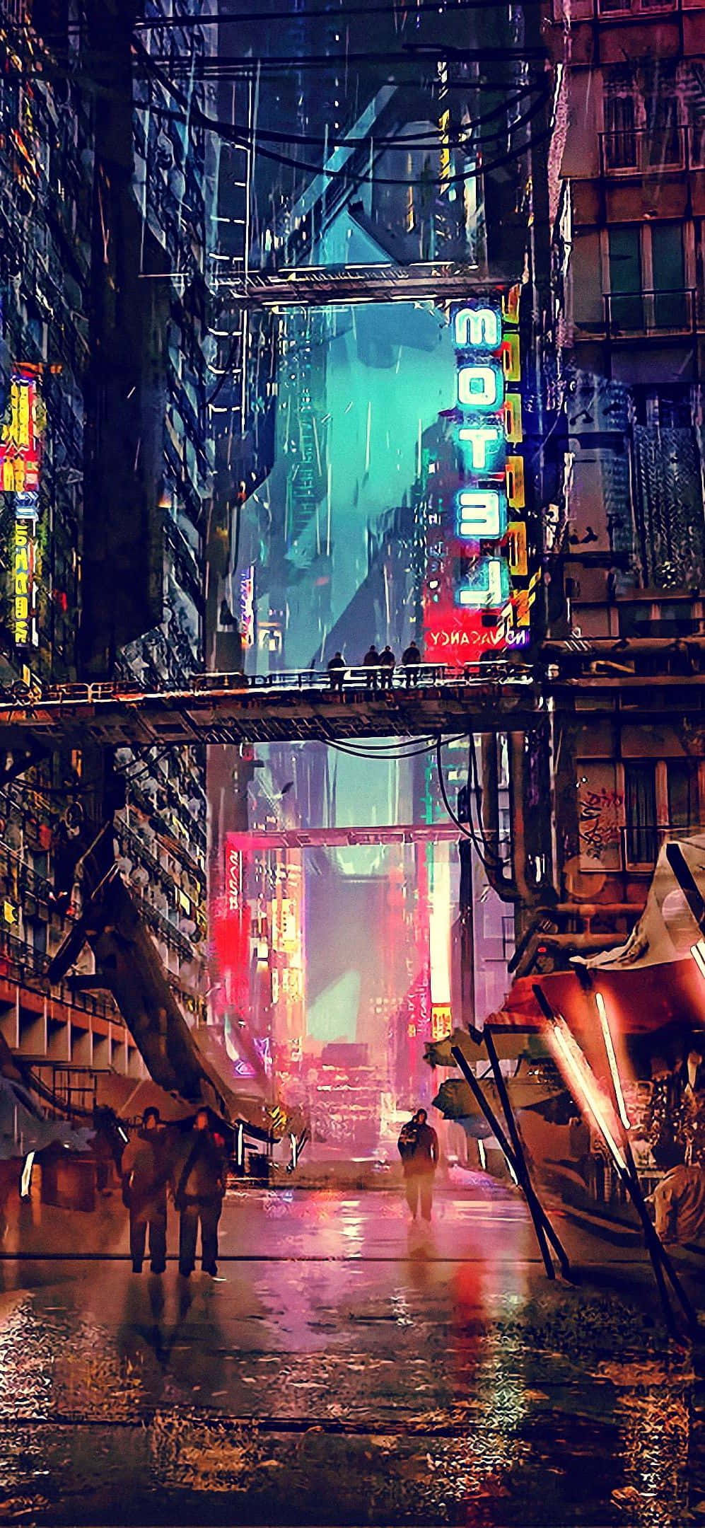 電馭叛客2077 桌布 壁紙 — 賽博龐克城市中一條被雨水浸濕的霓虹小巷，高聳的建築物和發光的招牌在潮濕的路面上反射。