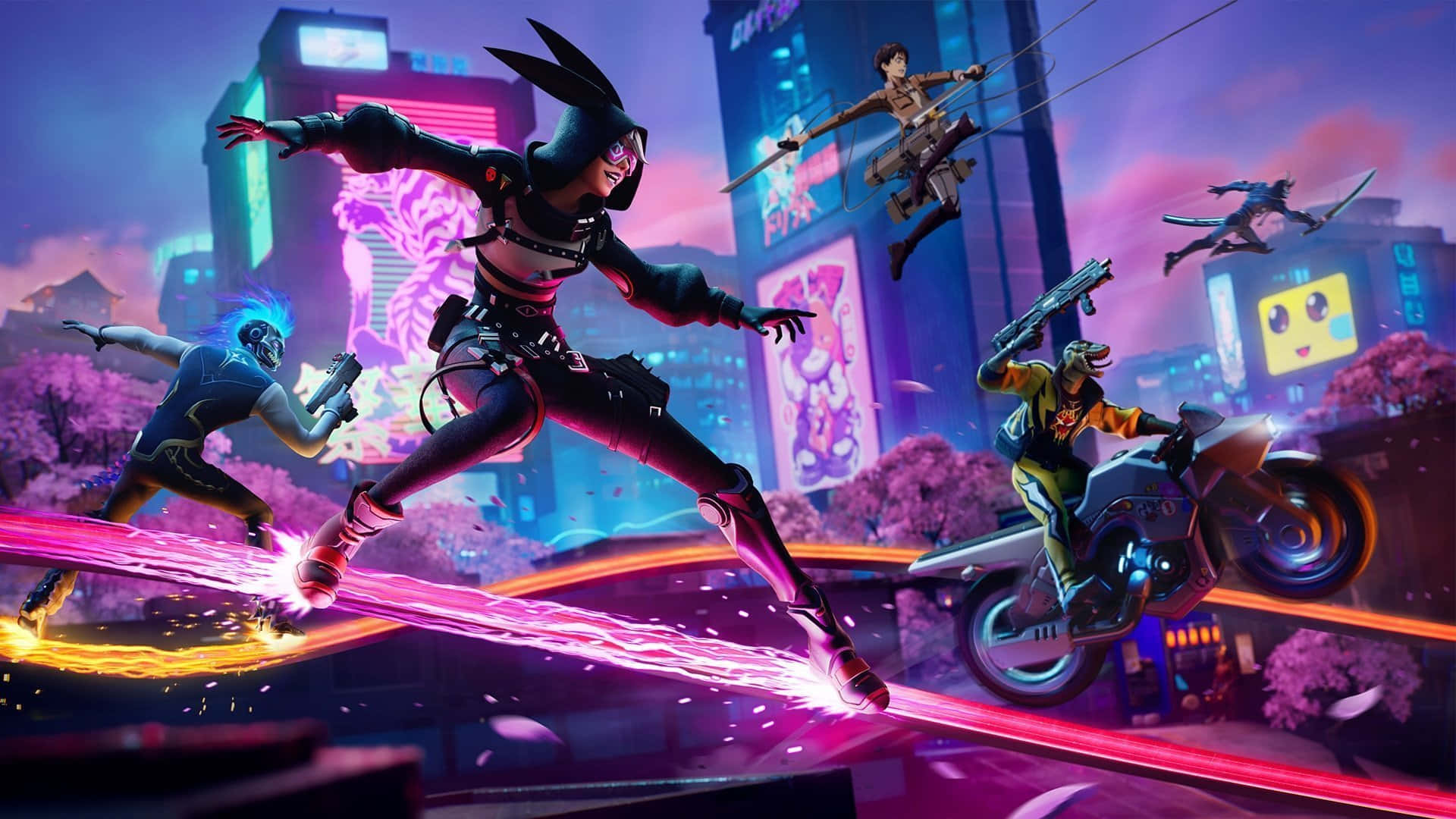 Fortnite 桌布 壁紙 — 賽博龐克角色在充滿活力的暮色天空下，於霓虹燈照亮的城市屋頂上跳躍和戰鬥。
