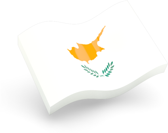 Cyprus 桌布 壁紙 — 賽普勒斯飄揚旗幟的3D渲染圖，帶有橙色地圖和綠色月桂花環，背景為白色。