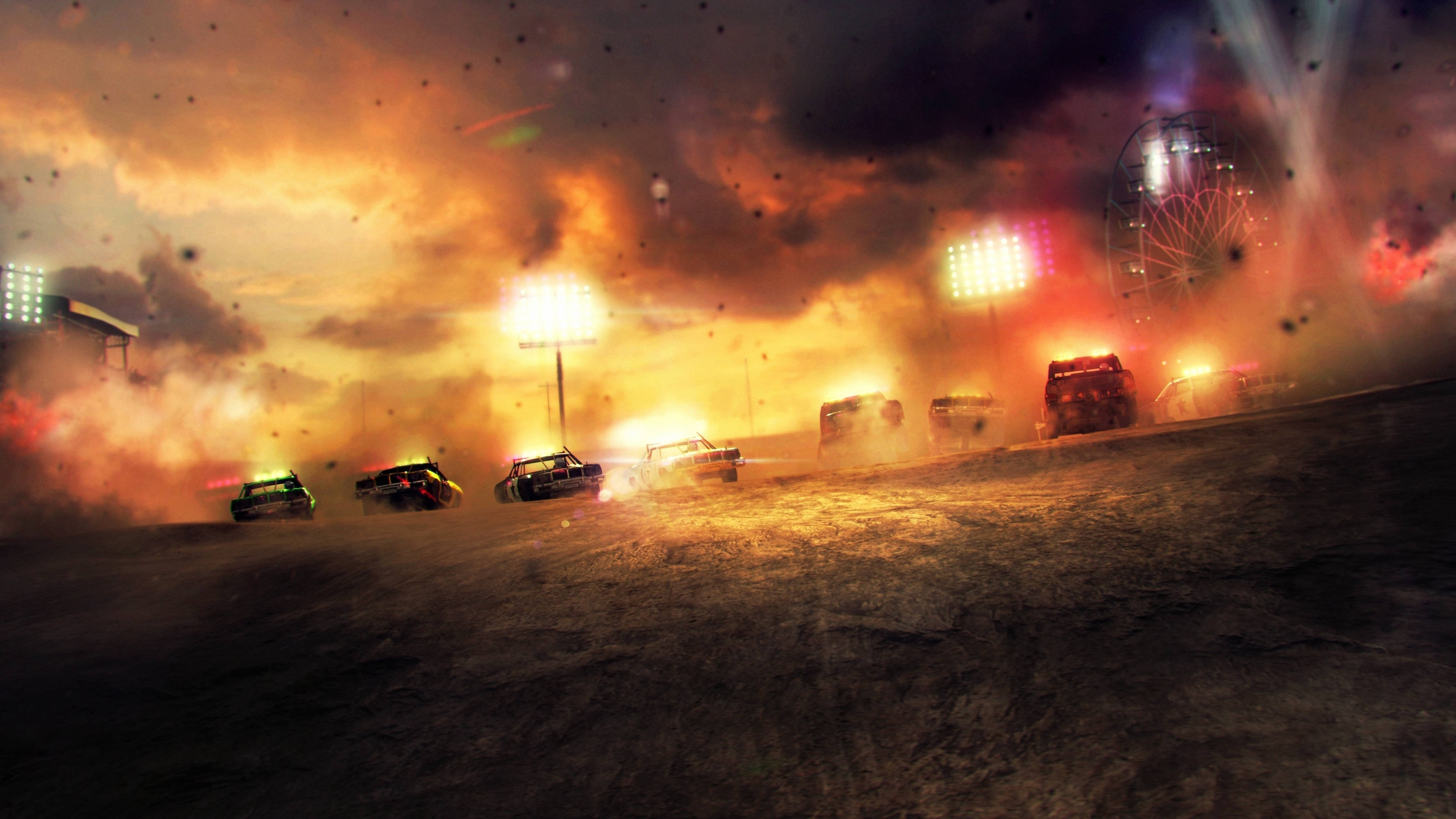 Showdown 桌布 壁紙 — 賽車在塵土飛揚的體育場中疾馳，背景是熾熱的日落燈光和閃閃發光的摩天輪。