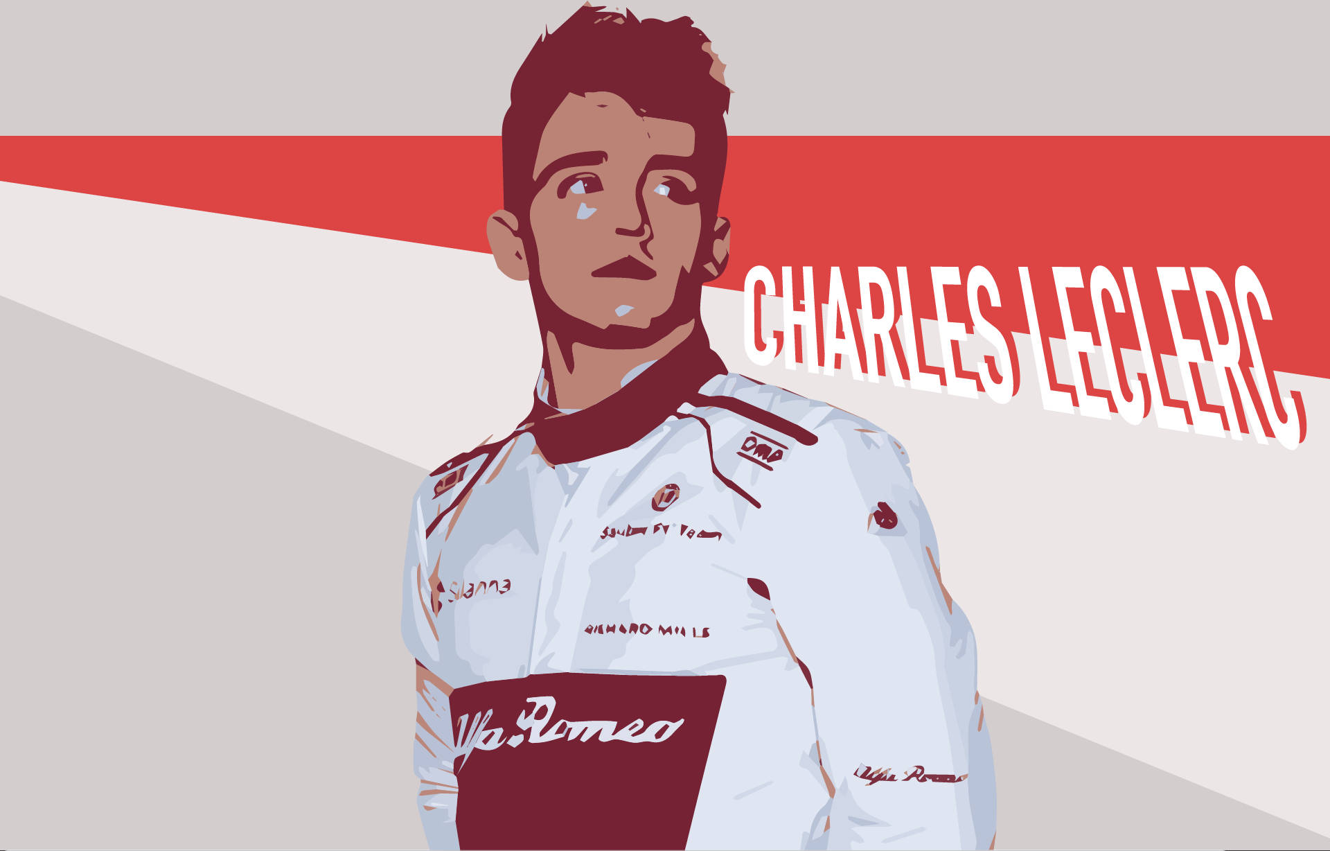 紅色動圖 桌布 壁紙 — 賽車手Charles Leclerc身穿阿爾法羅密歐賽車服的風格化插圖，背景為大膽的紅色和灰色幾何圖案。