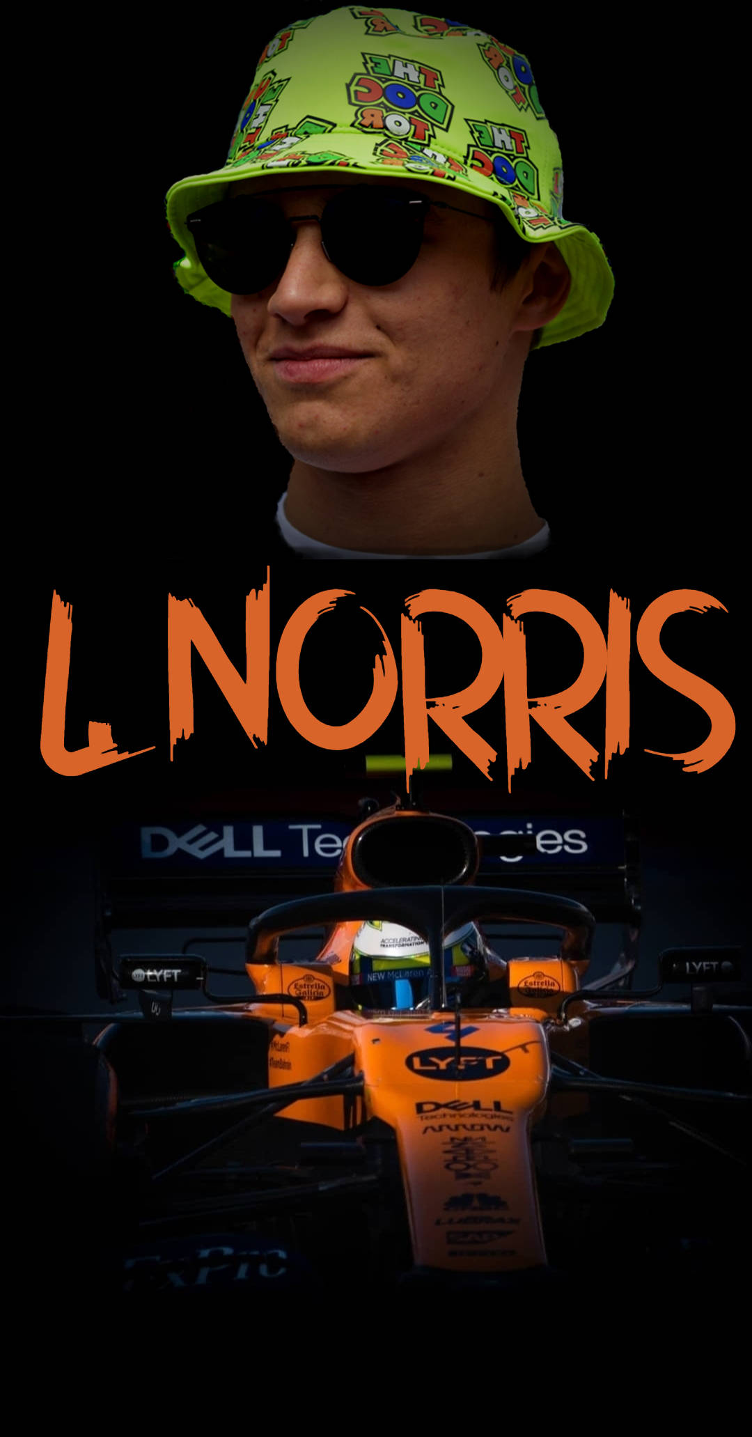 Racing 桌布 壁紙 — 賽車手L Norris的特寫肖像，戴著亮綠色漁夫帽和太陽眼鏡，黑色背景，下方是他的橙色賽車。