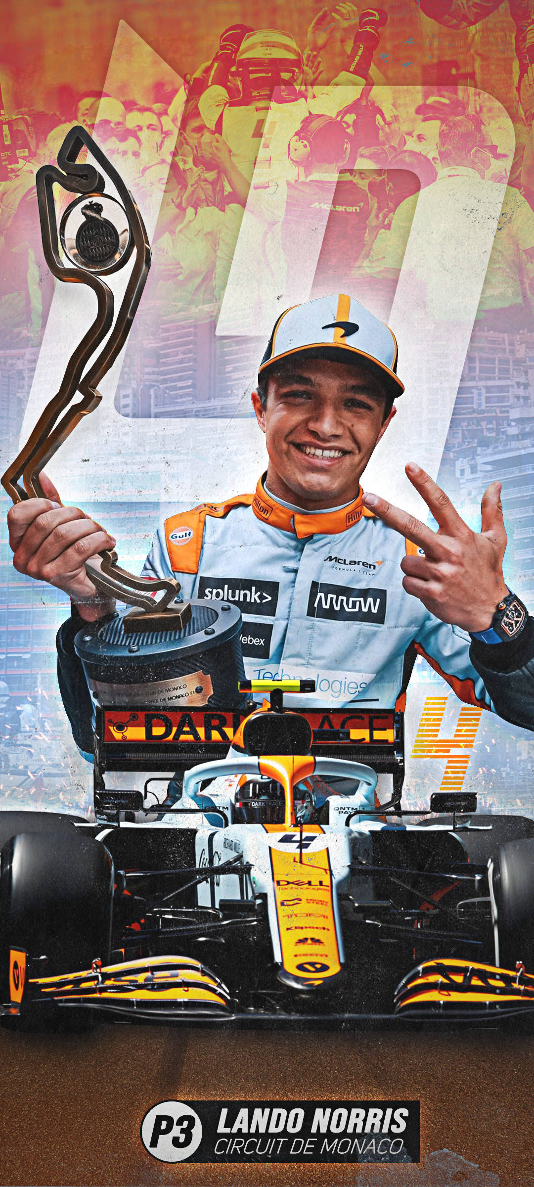 Racing 桌布 壁紙 — 賽車手Lando Norris在摩納哥的麥拉倫F1賽車前微笑著手持獎盃並做出和平手勢。