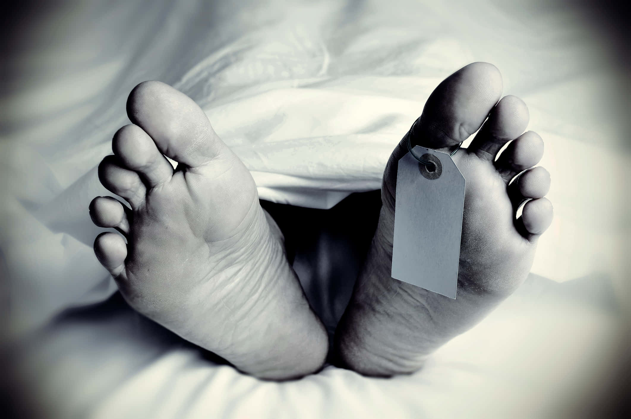 死亡 桌布 壁紙 — 赤腳從白色床單下露出的特寫，腳趾上繫著一個空白標籤。