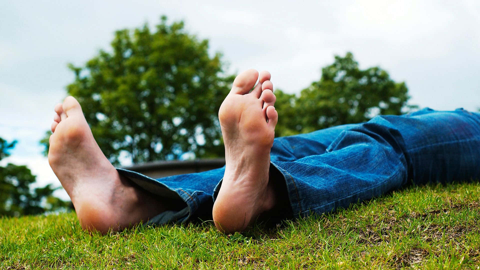 feet 桌布 壁紙 — 赤腳放在充滿活力的綠草上，天空多雲，背景樹木柔和模糊。