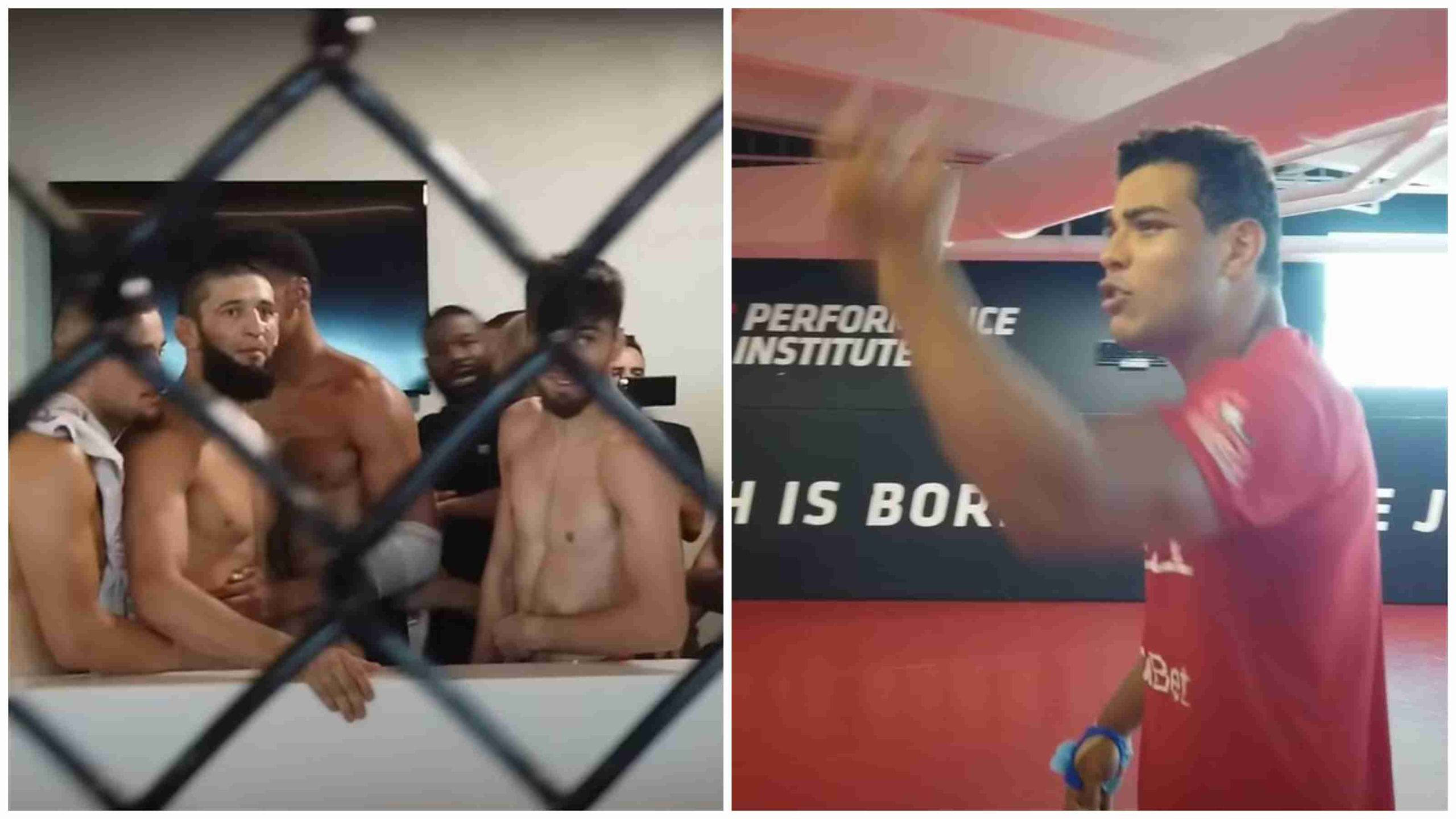 UFC 桌布 壁紙 — 赤裸上身的拳手站在籠內，而教練穿著紅衫在表演學院中用力地做手勢。