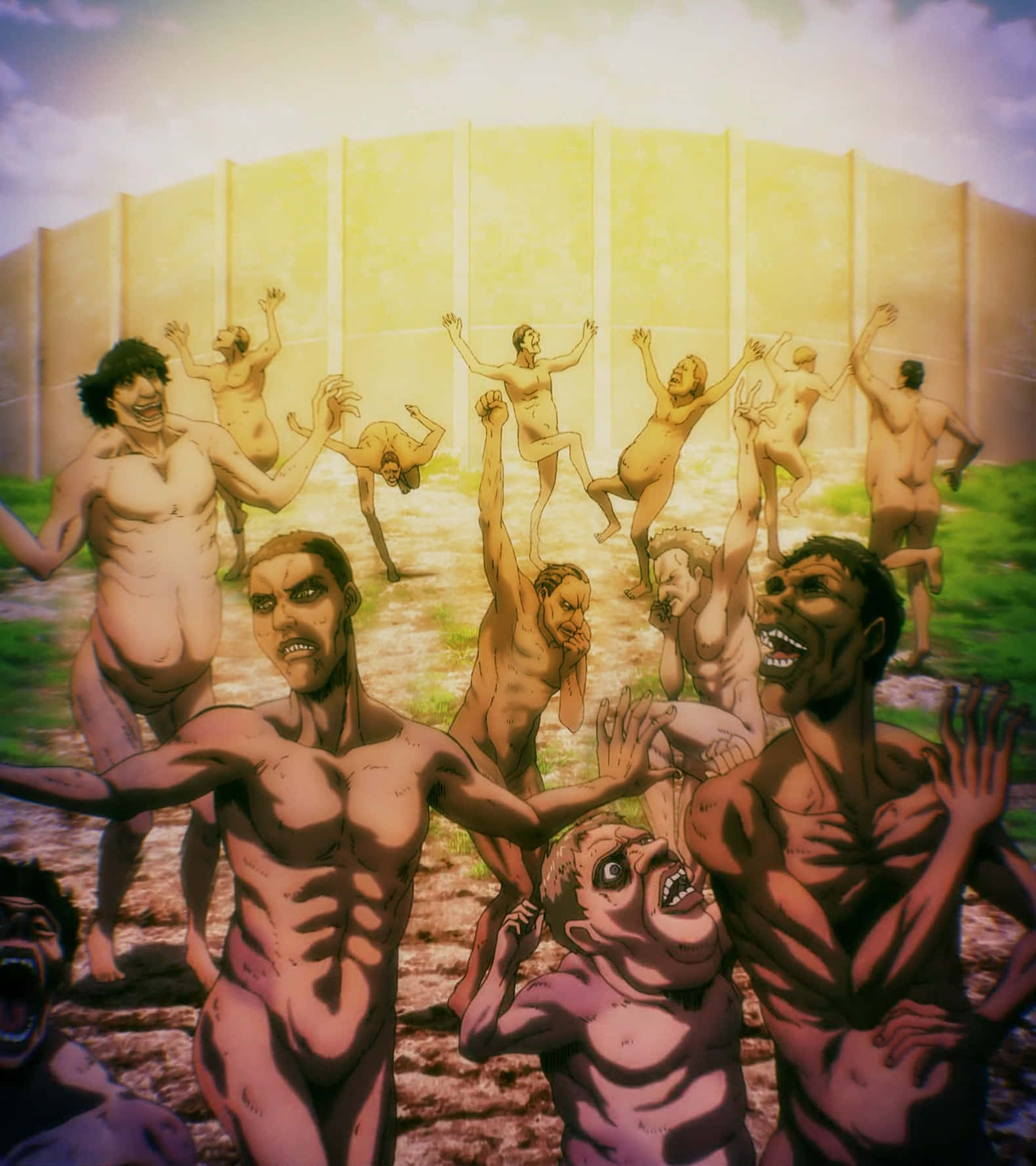 Giant Creatures 桌布 壁紙 — 赤裸的人形人物帶著誇張的表情，在柔和的天空下，對著高聳的黃色牆壁歡快地跳躍和伸展。